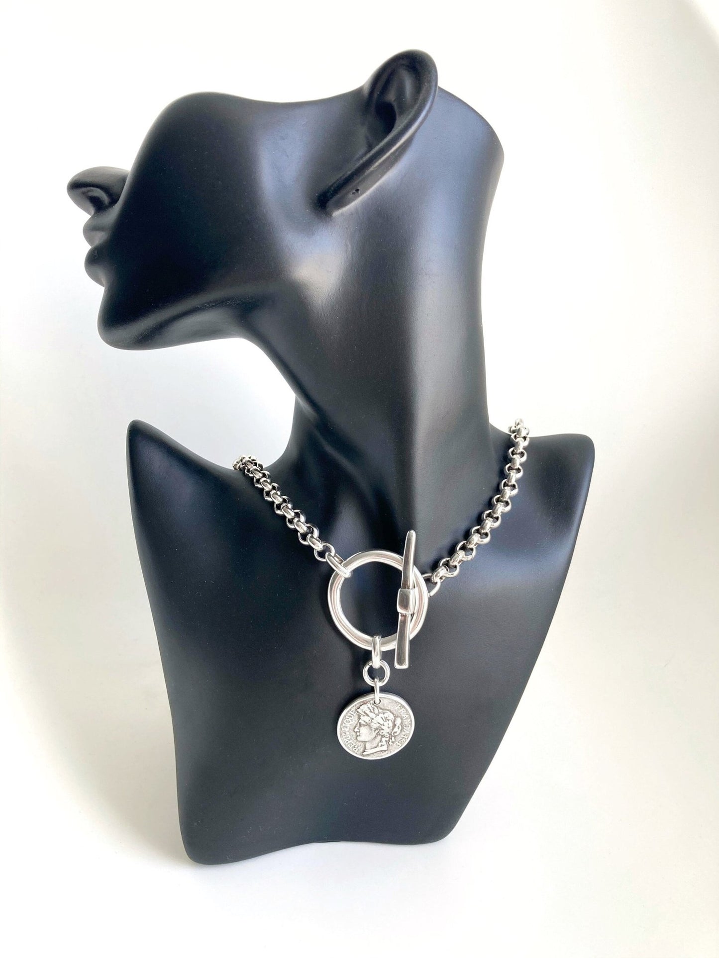 The Casablanca Necklace – Bold Antique Silver Coin Pendant | Brutalist Statement Medal Necklace, Gift for Her - Karl & kate