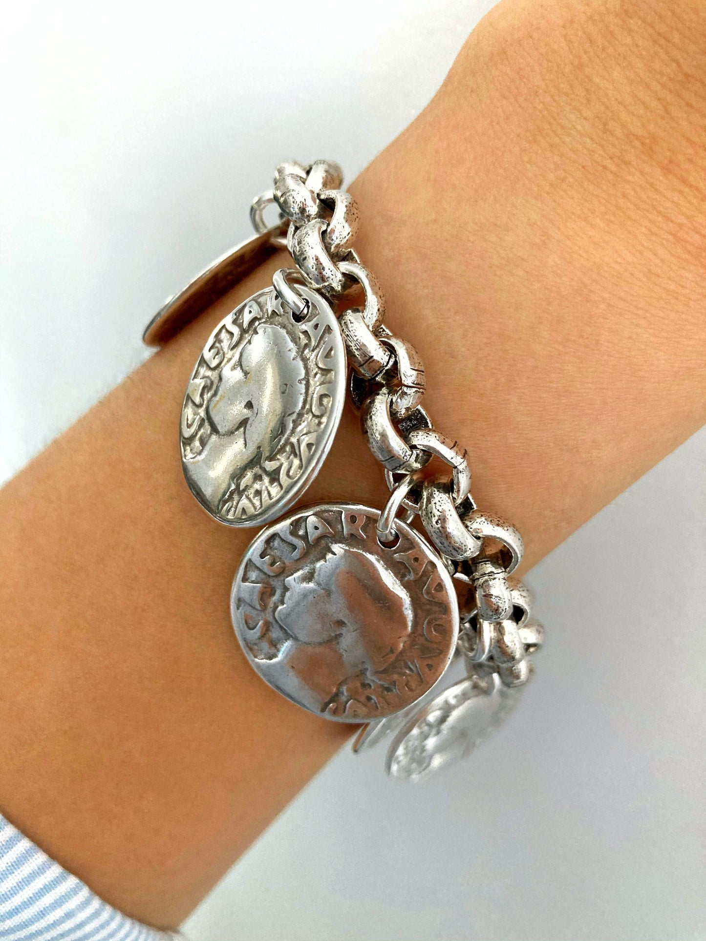 Antique Silver Chunky Personalised Charm Bracelet, Silver Coin Medal Bracelet, womens gift, Gift for wife