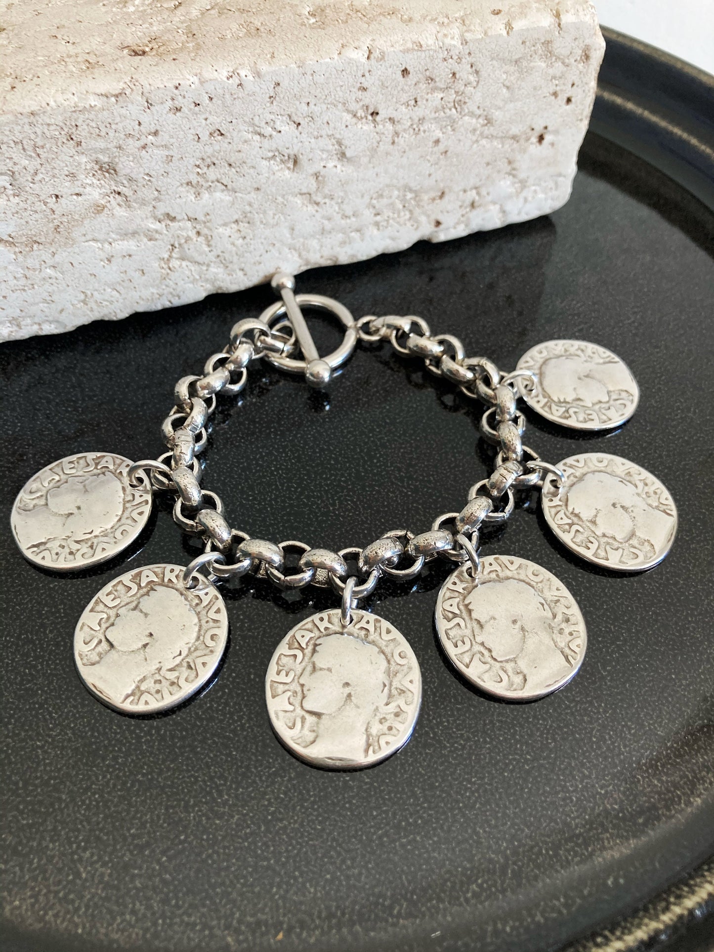 Antique Silver Chunky Personalised Charm Bracelet, Silver Coin Medal Bracelet, womens gift, Gift for wife