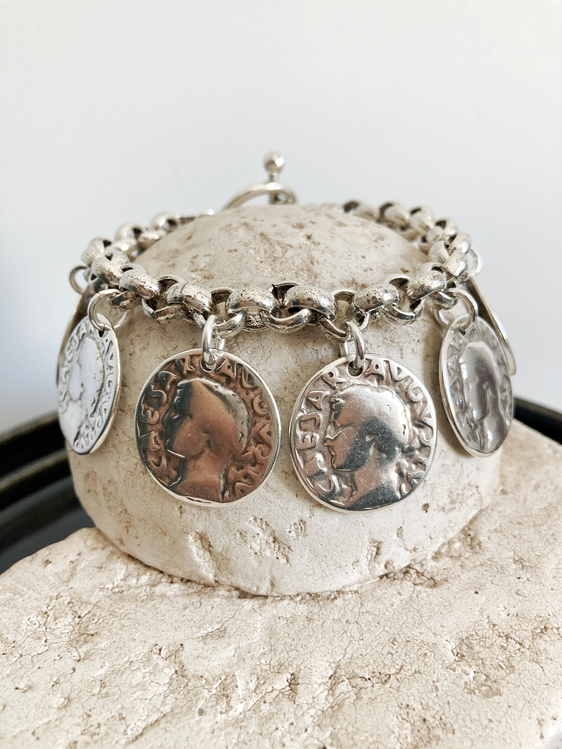 Antique Silver Chunky Personalised Charm Bracelet, Silver Coin Medal Bracelet, womens gift, Gift for wife