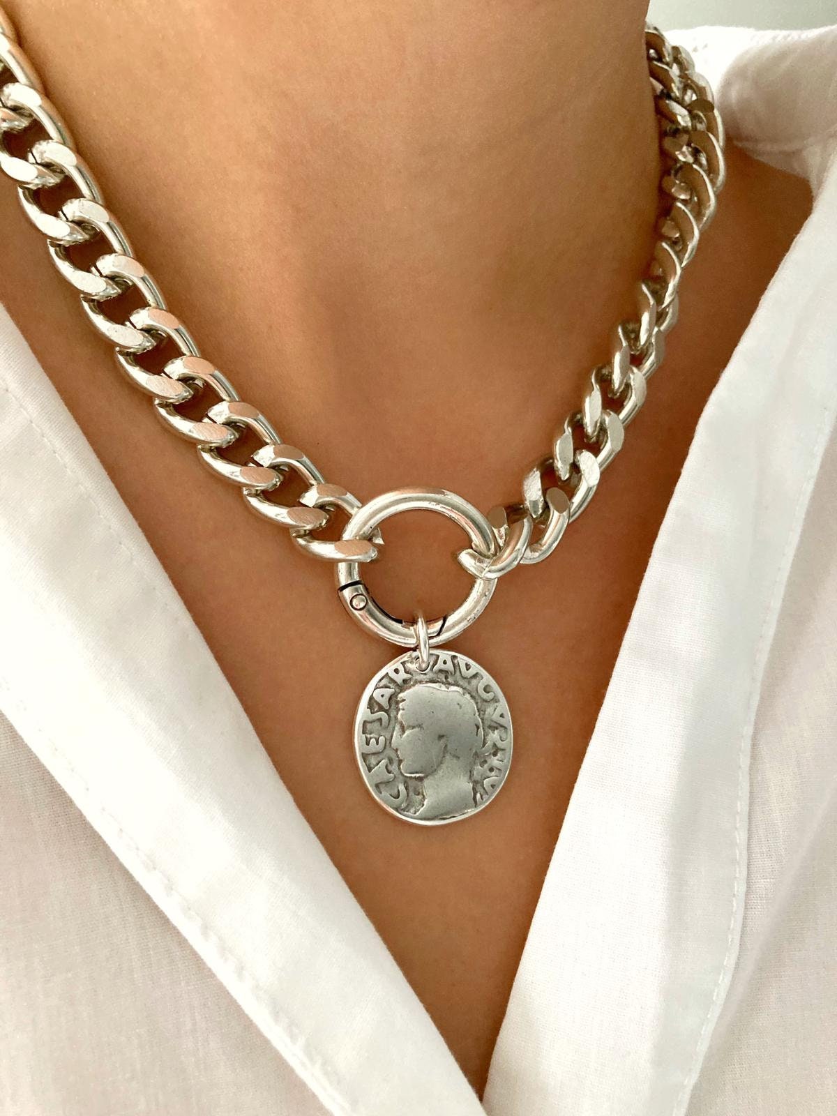 Silver Chunky Heavy chain Choker Necklace, Statement Charm Coin necklace, Silver Chunky chain, Women’s jewelry