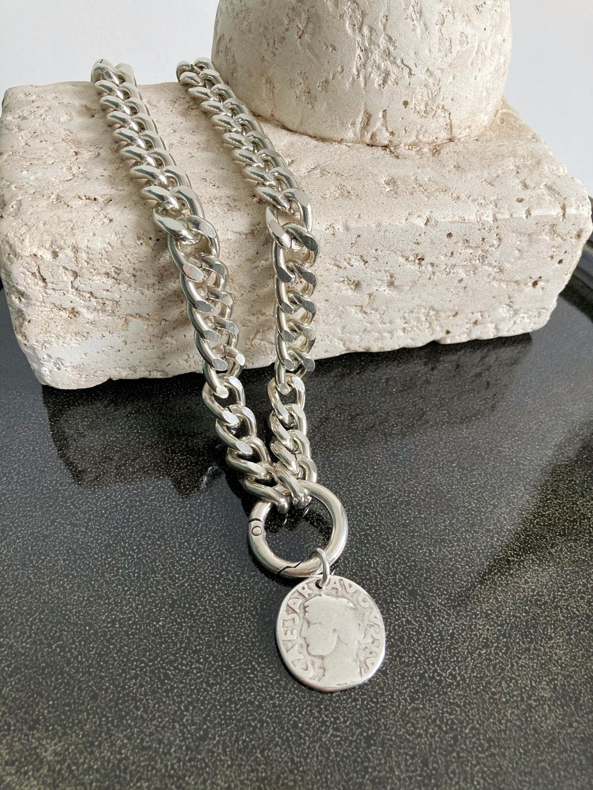 Silver Chunky Heavy chain Choker Necklace, Statement Charm Coin necklace, Silver Chunky chain, Women’s jewelry