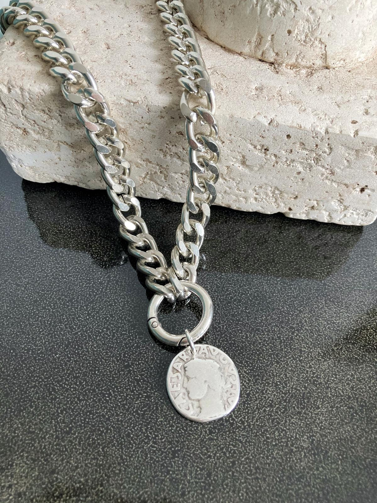 Silver Chunky Heavy chain Choker Necklace, Statement Charm Coin necklace, Silver Chunky chain, Women’s jewelry