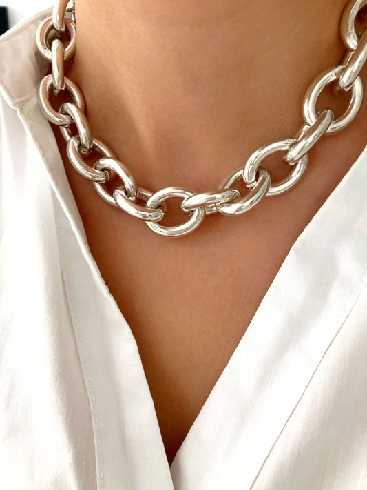 Silver Lightweight Statement Chunky Curb Chain Necklace, Choker Necklace, Gift for her, Womens jewelry