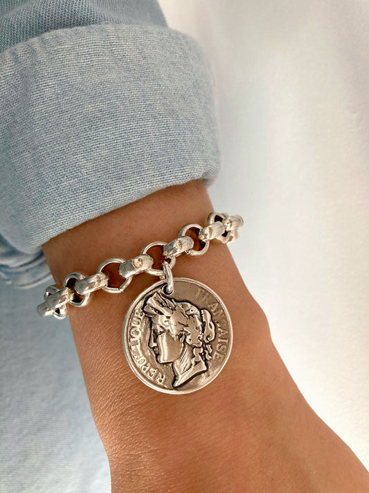 Antique Silver Charm bracelet, Silver Chunky Rolo chain Bracelet, Large Bracelet, Silver Coin Bracelet, Silver Charm Bracelet, Gift for her