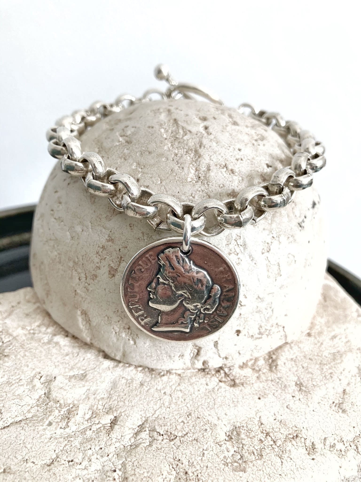 Antique Silver Charm bracelet, Silver Chunky Rolo chain Bracelet, Large Bracelet, Silver Coin Bracelet, Silver Charm Bracelet, Gift for her