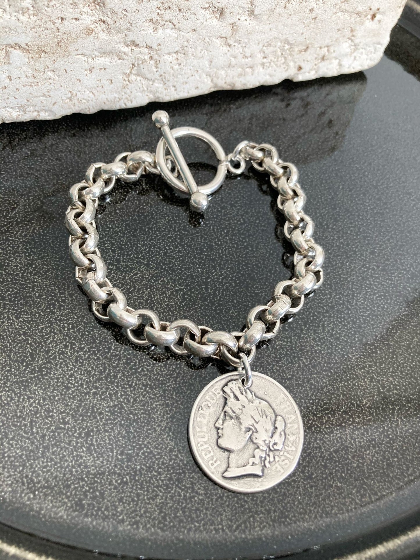 Antique Silver Charm bracelet, Silver Chunky Rolo chain Bracelet, Large Bracelet, Silver Coin Bracelet, Silver Charm Bracelet, Gift for her