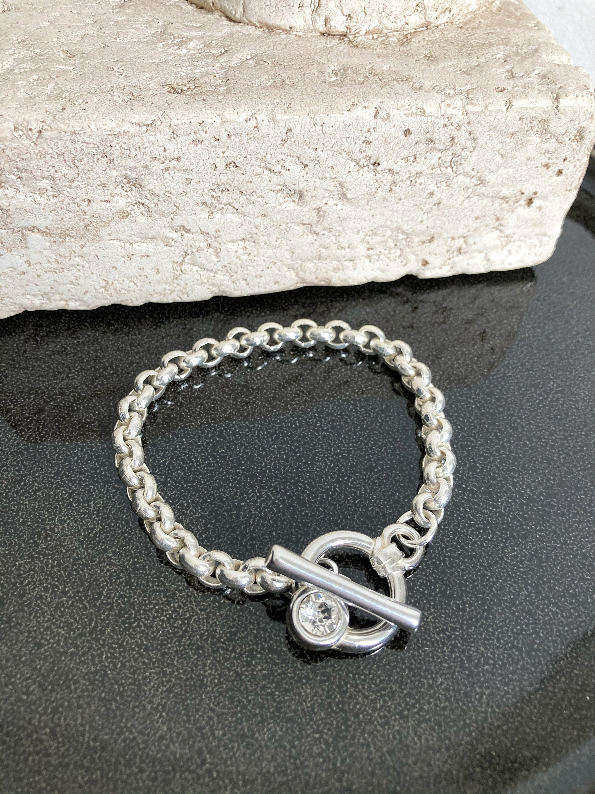 Silver Bracelet, Silver chunky charm Bracelet, Statement Bracelet, Silver Womens jewellery , Strass Bracelet, Gift for her