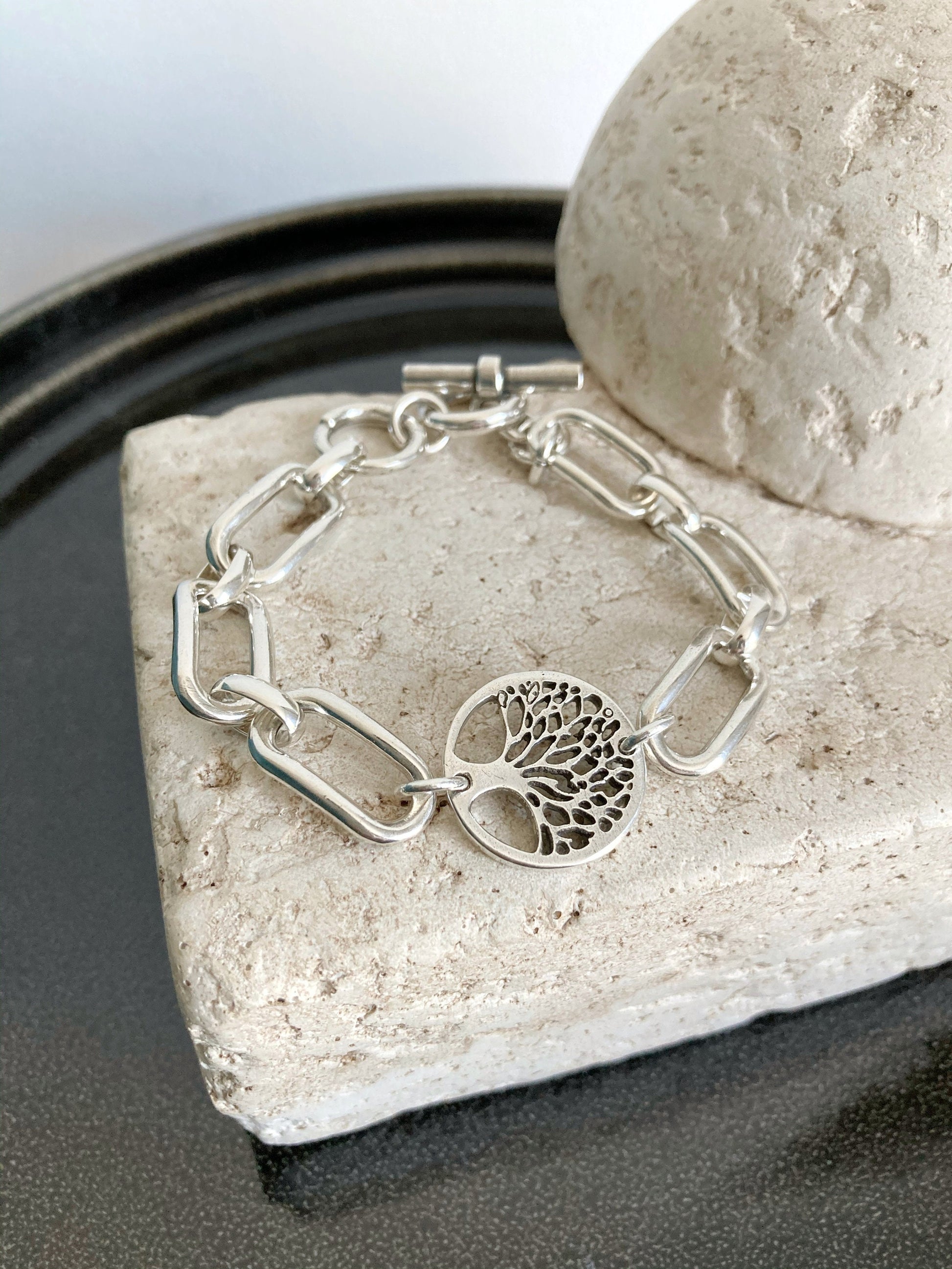 Silver Lightweight Bracelet, Tree of life Silver Bracelet, Link Bracelet, Silver Toggle Bracelet, Chunky Silver Bracelet, Gift for her