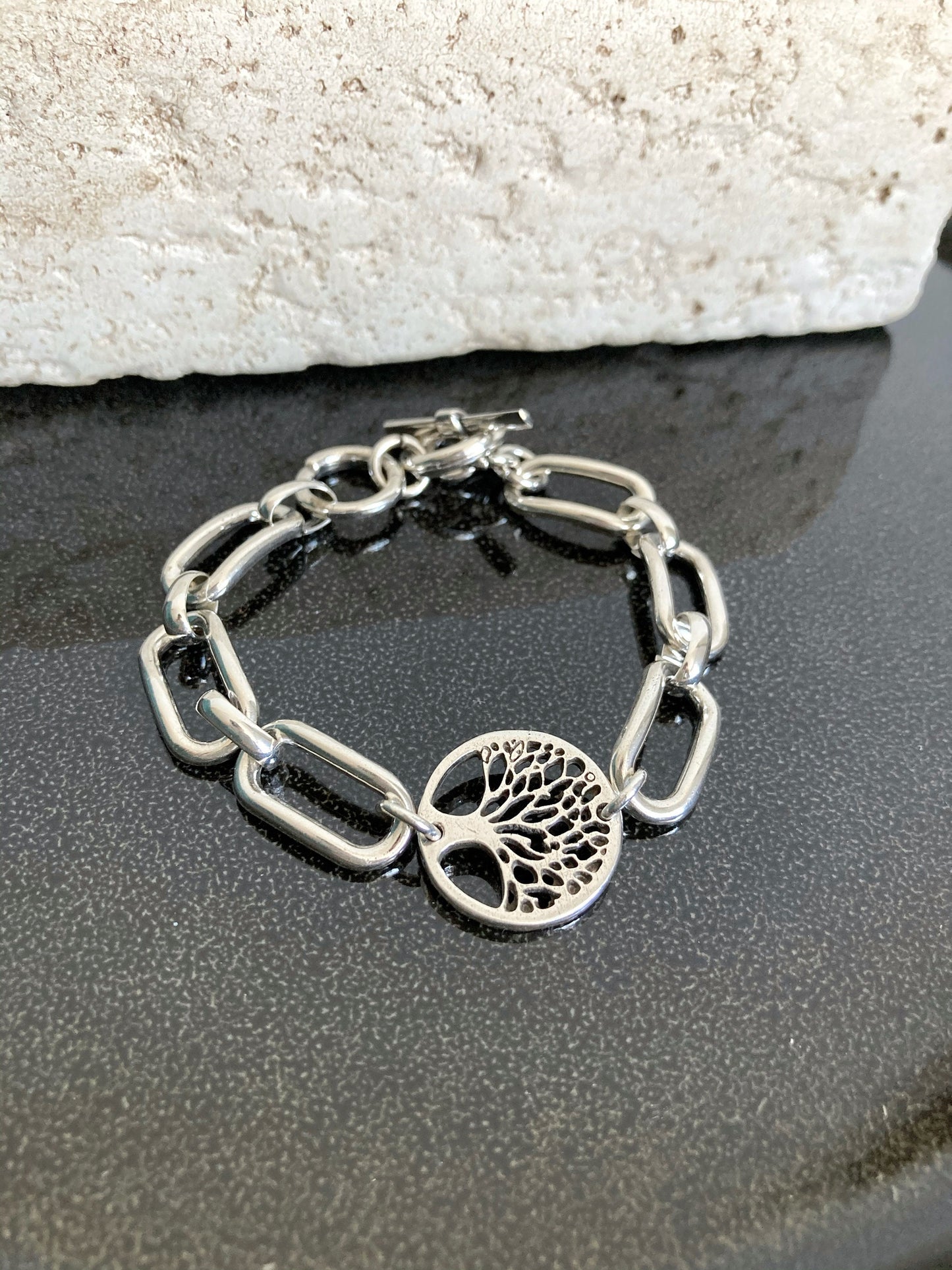 Silver Lightweight Bracelet, Tree of life Silver Bracelet, Link Bracelet, Silver Toggle Bracelet, Chunky Silver Bracelet, Gift for her