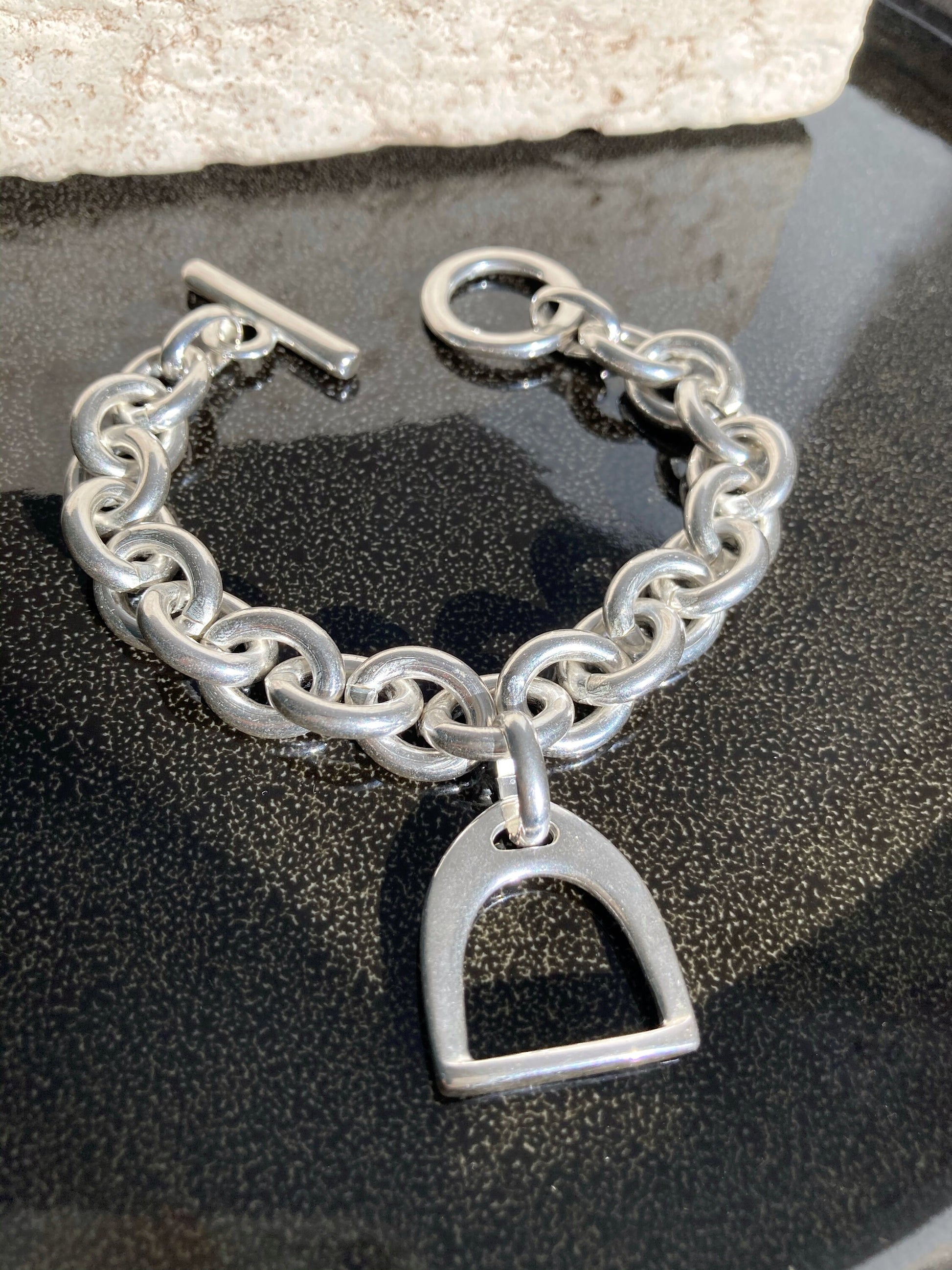 Silver Charm bracelet, Silver Chunky Bracelet,Heavy Chain Bracelet, Pendant Bracelet,Silver Statement Equestrian Bracelet,Gift for her