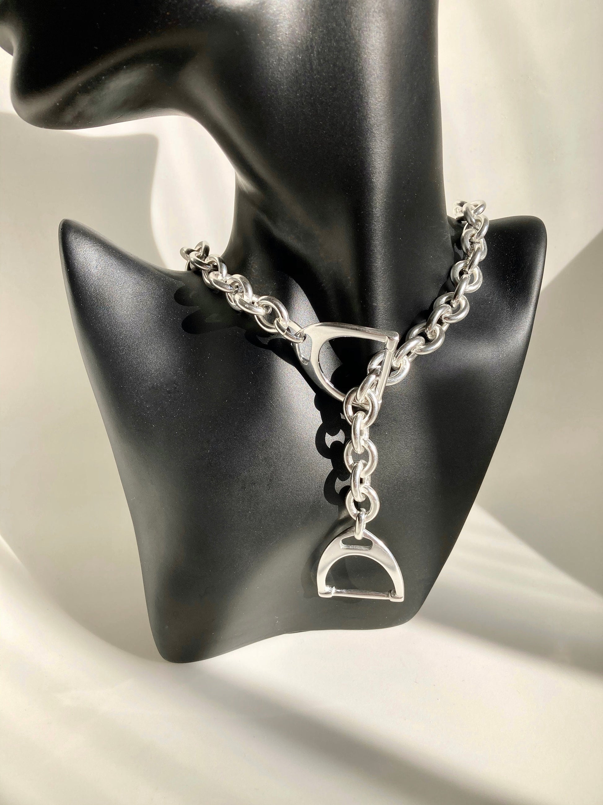 Silver Necklace, Heavy Chunky Chain Curb necklace, Statement Statement Long Lariat necklace,Silver Equestrian necklace,Gift fo her