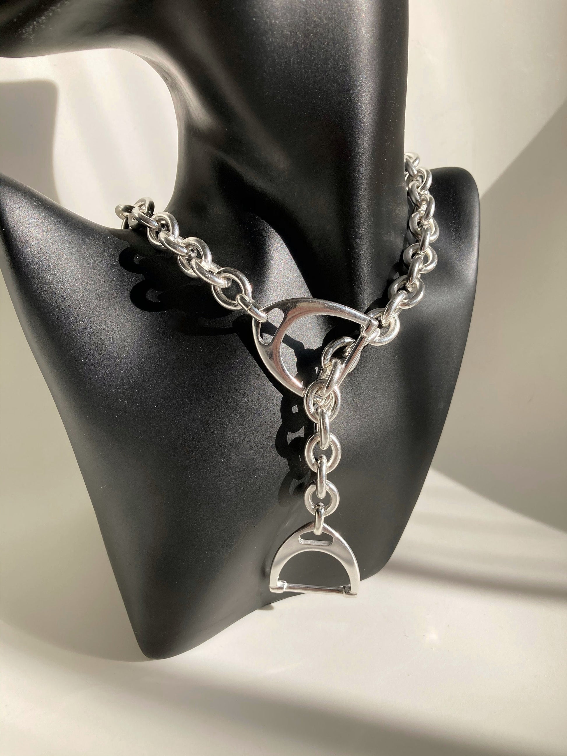 Silver Necklace, Heavy Chunky Chain Curb necklace, Statement Statement Long Lariat necklace,Silver Equestrian necklace,Gift fo her