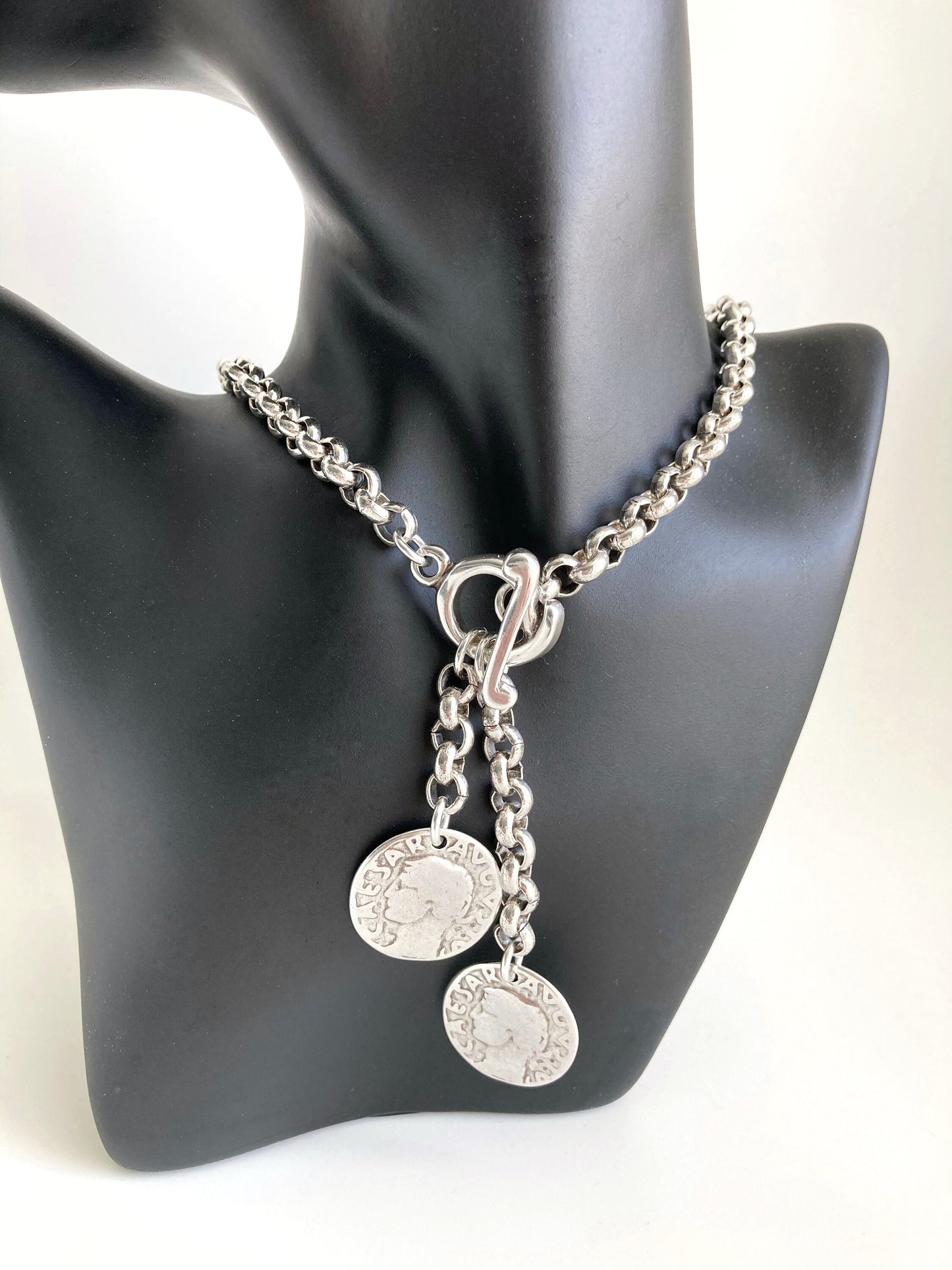 Antique Silver Chunky Bold Charm Necklace, Silver Toggle Necklace, Silver Statement necklace ,Charm Coin Medal necklace