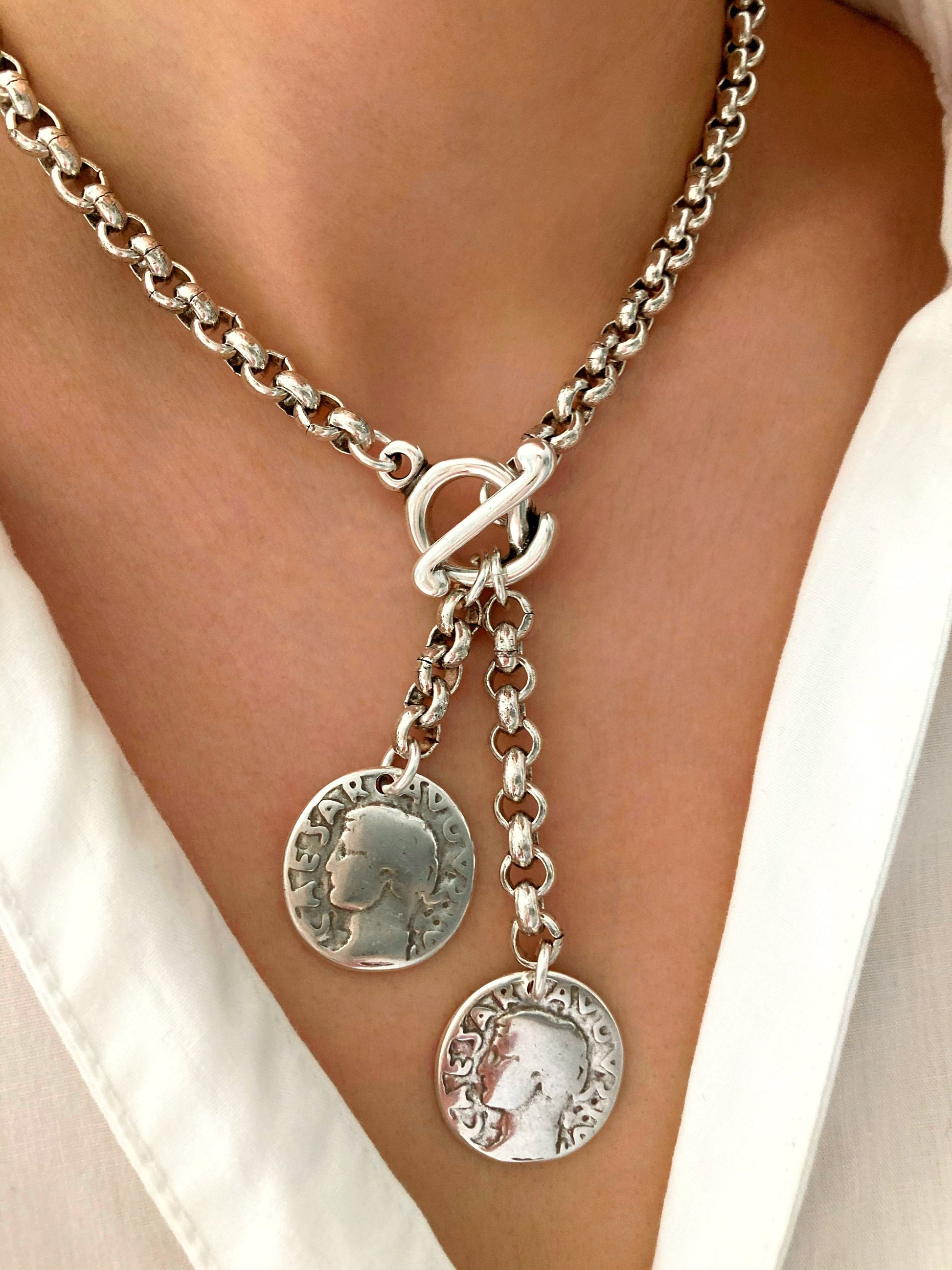 Antique Silver Chunky Bold Charm Necklace, Silver Toggle Necklace, Silver Statement necklace ,Charm Coin Medal necklace