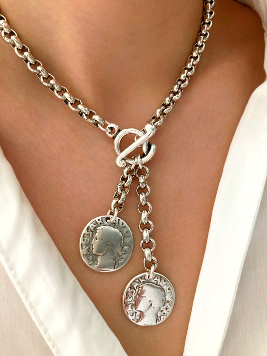 Antique Silver Chunky Bold Charm Necklace, Silver Toggle Necklace, Silver Statement necklace ,Charm Coin Medal necklace