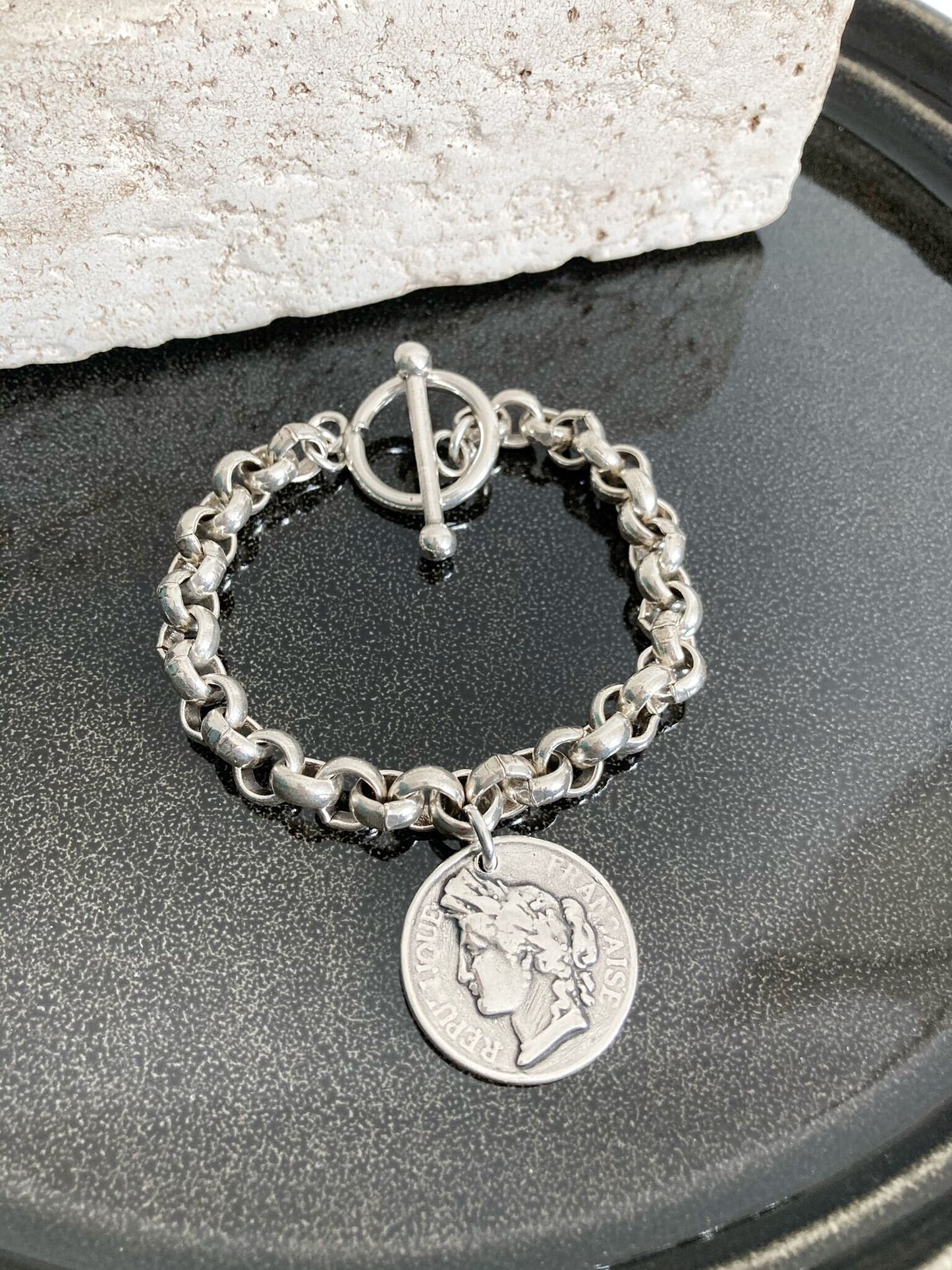 Antique Silver Charm bracelet, Silver Chunky Rolo chain Bracelet, Large Bracelet, Silver Coin Bracelet, Silver Charm Bracelet, Gift for her