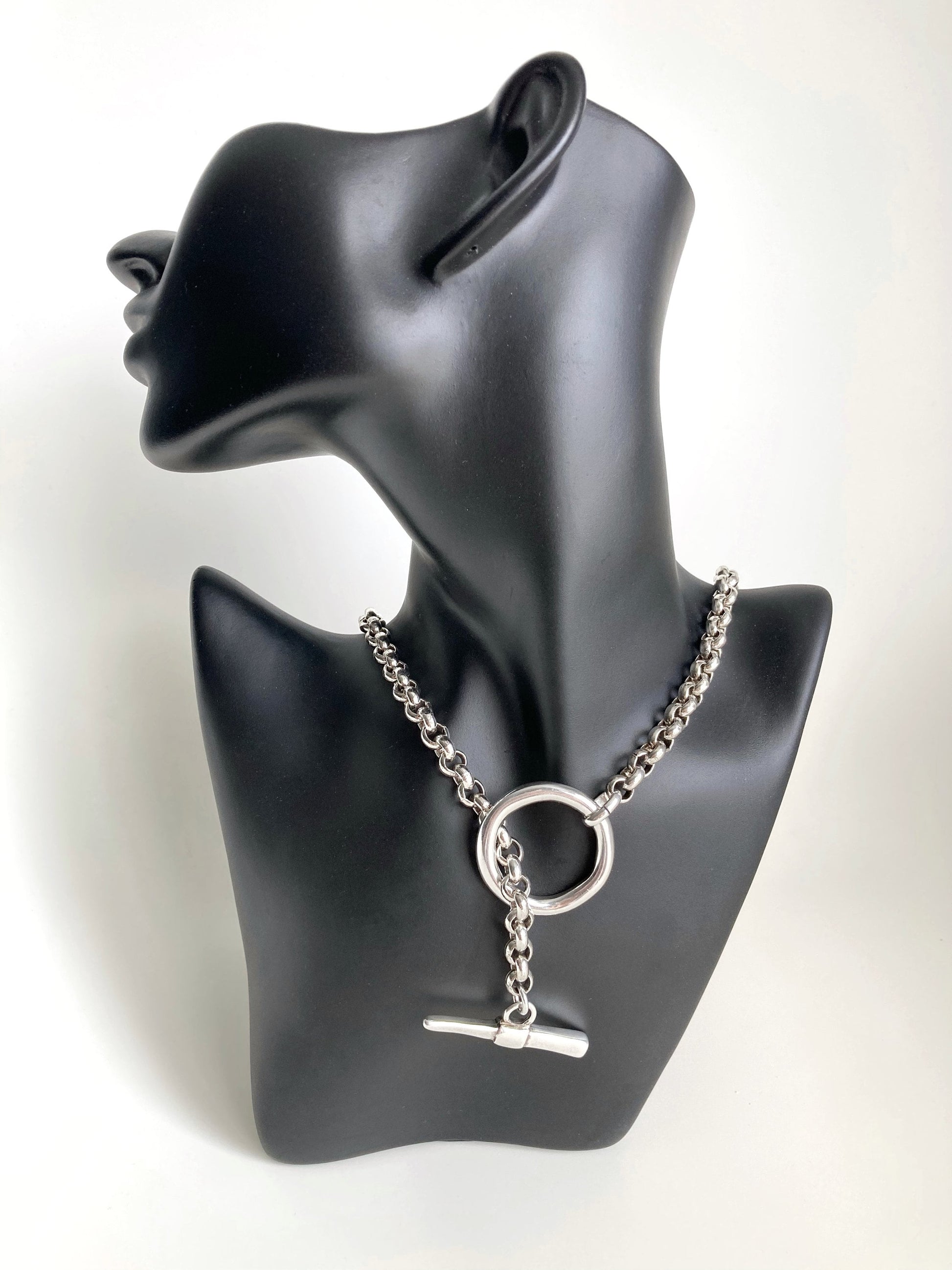 Antique Silver Chain Lariat necklace, Brutalist Necklace, Statement Toggle Necklace, Womens gift