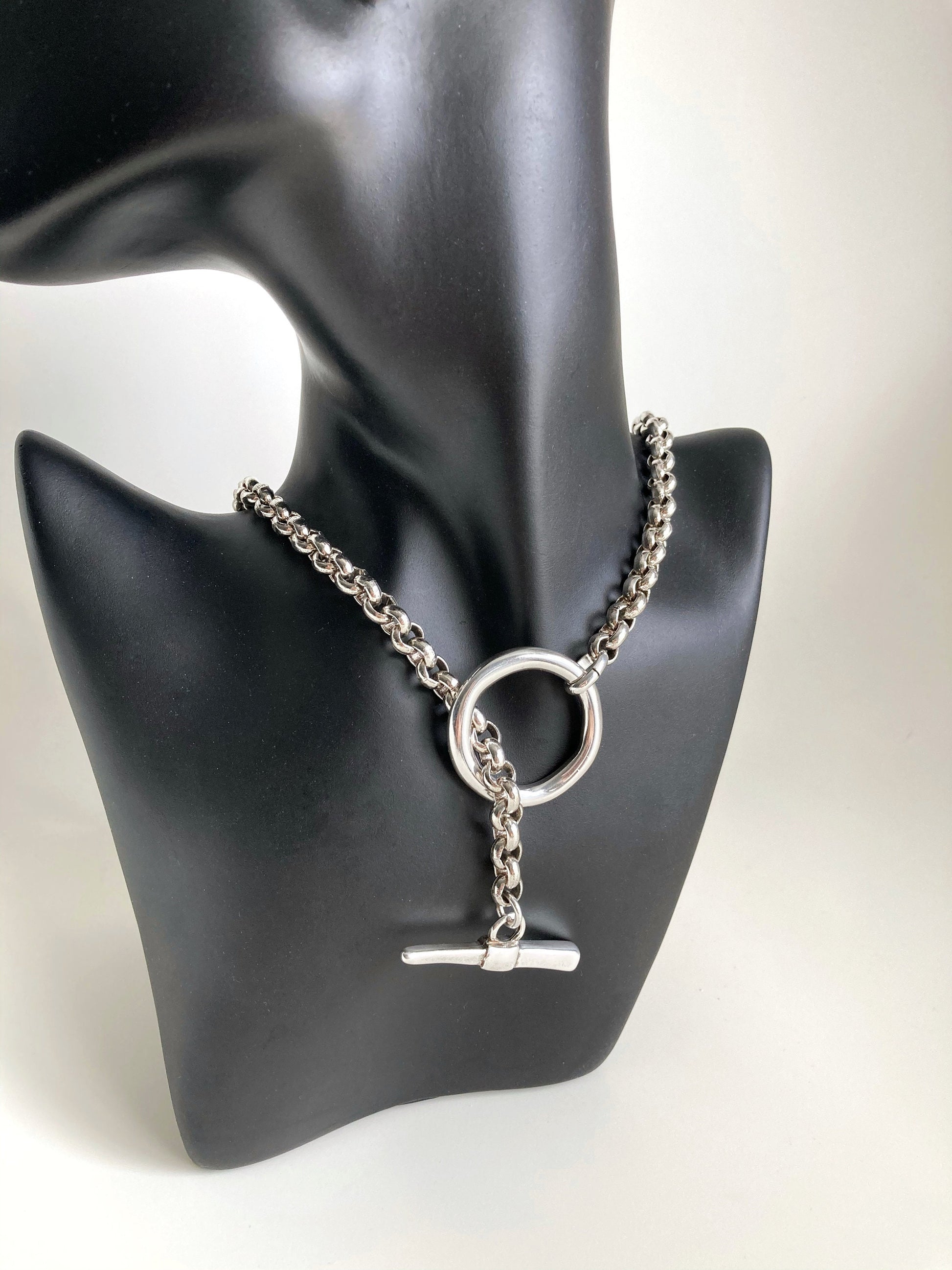 Antique Silver Chain Lariat necklace, Brutalist Necklace, Statement Toggle Necklace, Womens gift