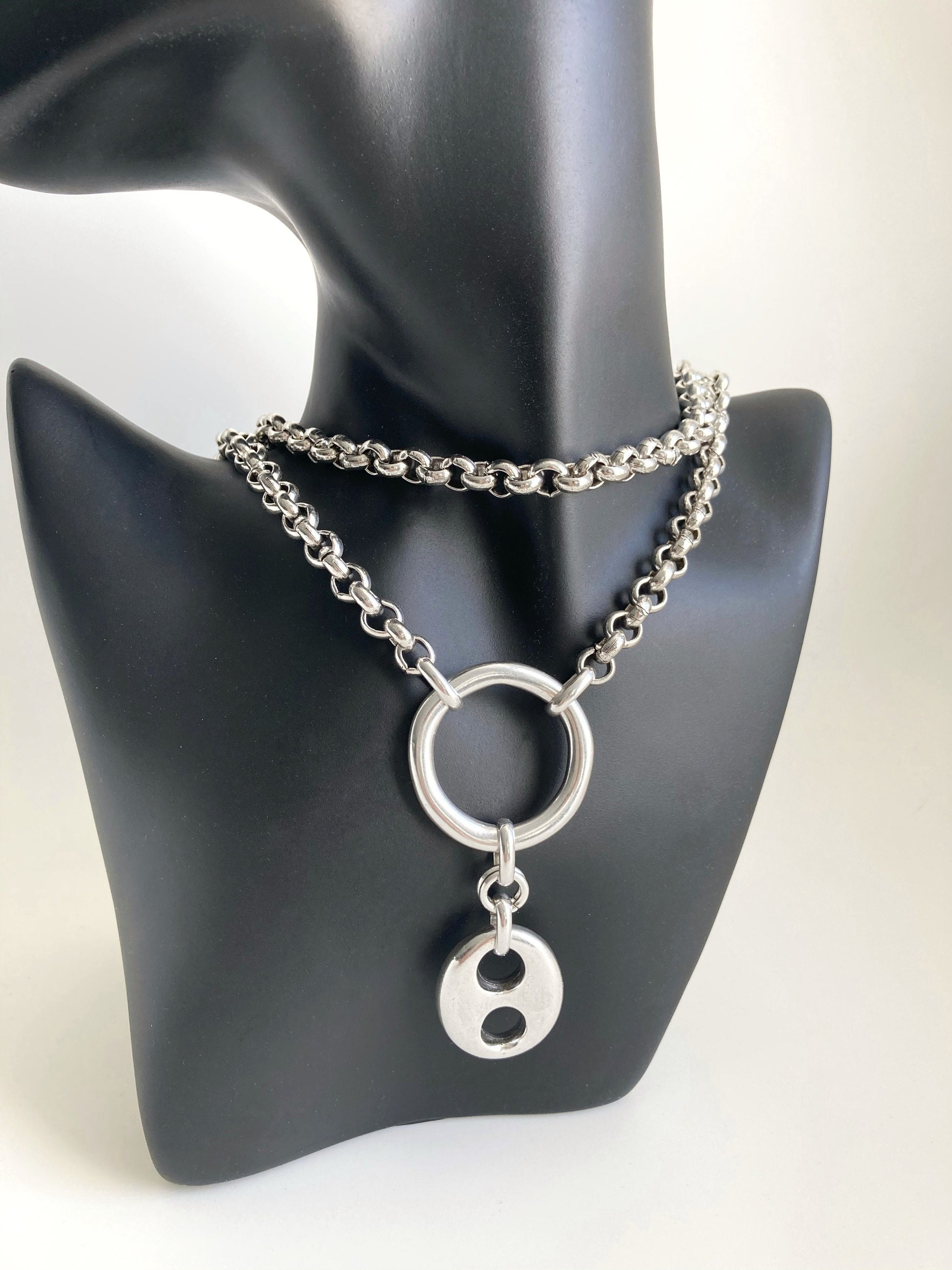 Antique Silver Brutalist Boho Chain Charm Necklace,Silver Statement Necklace,Silver Pendant Coffee Bean Necklace, Gift for her