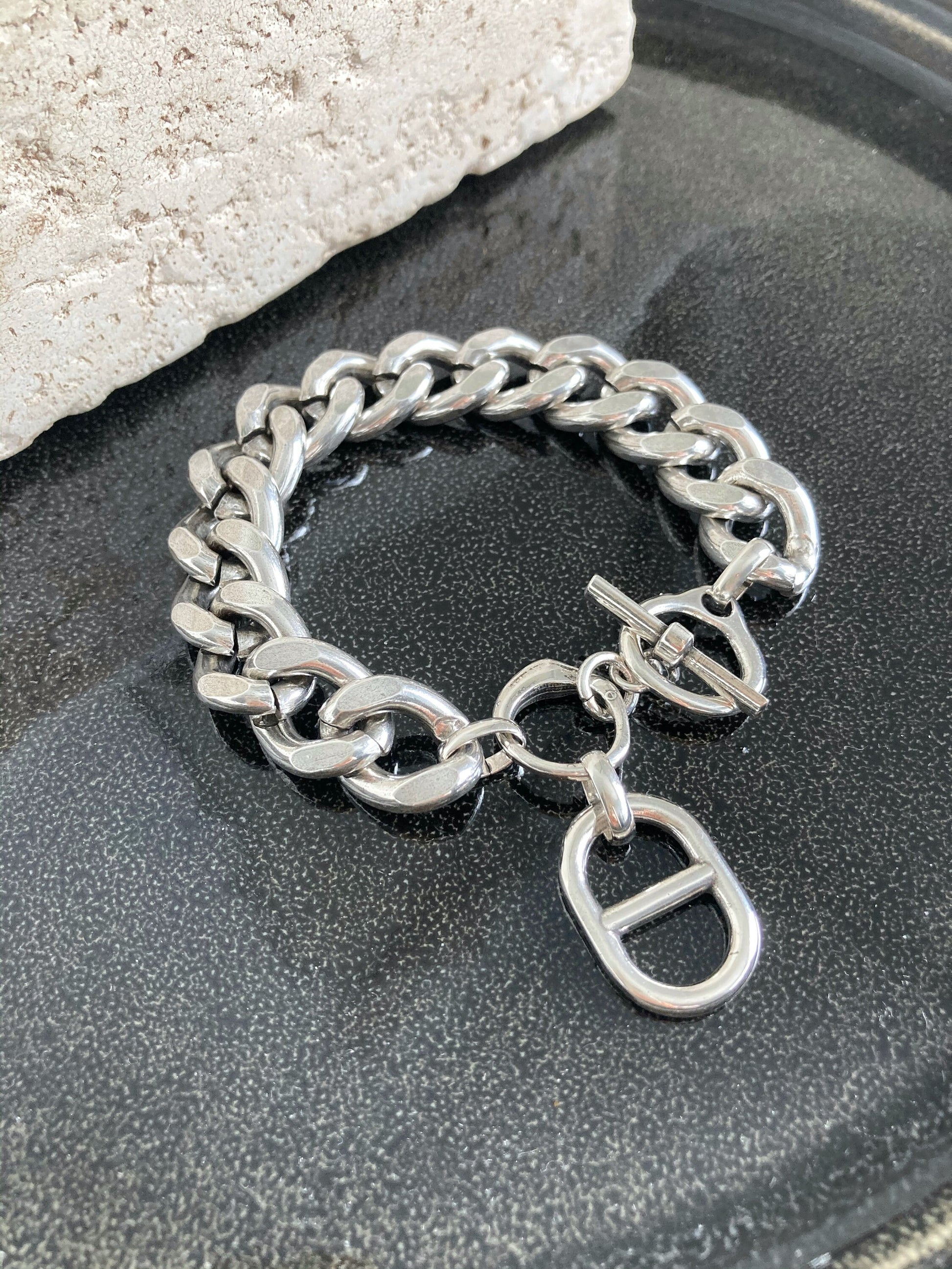 Antique Silver Heavy Charm Chain Curb Bracelet, Statement chunky bracelet, Link Bold Big Large bracelet, Gift for her