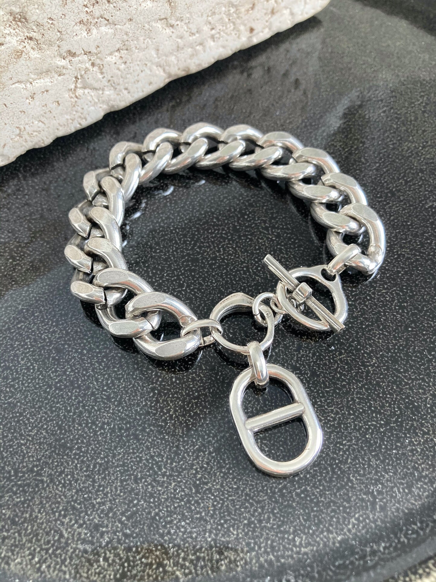 Antique Silver Heavy Charm Chain Curb Bracelet, Statement chunky bracelet, Link Bold Big Large bracelet, Gift for her