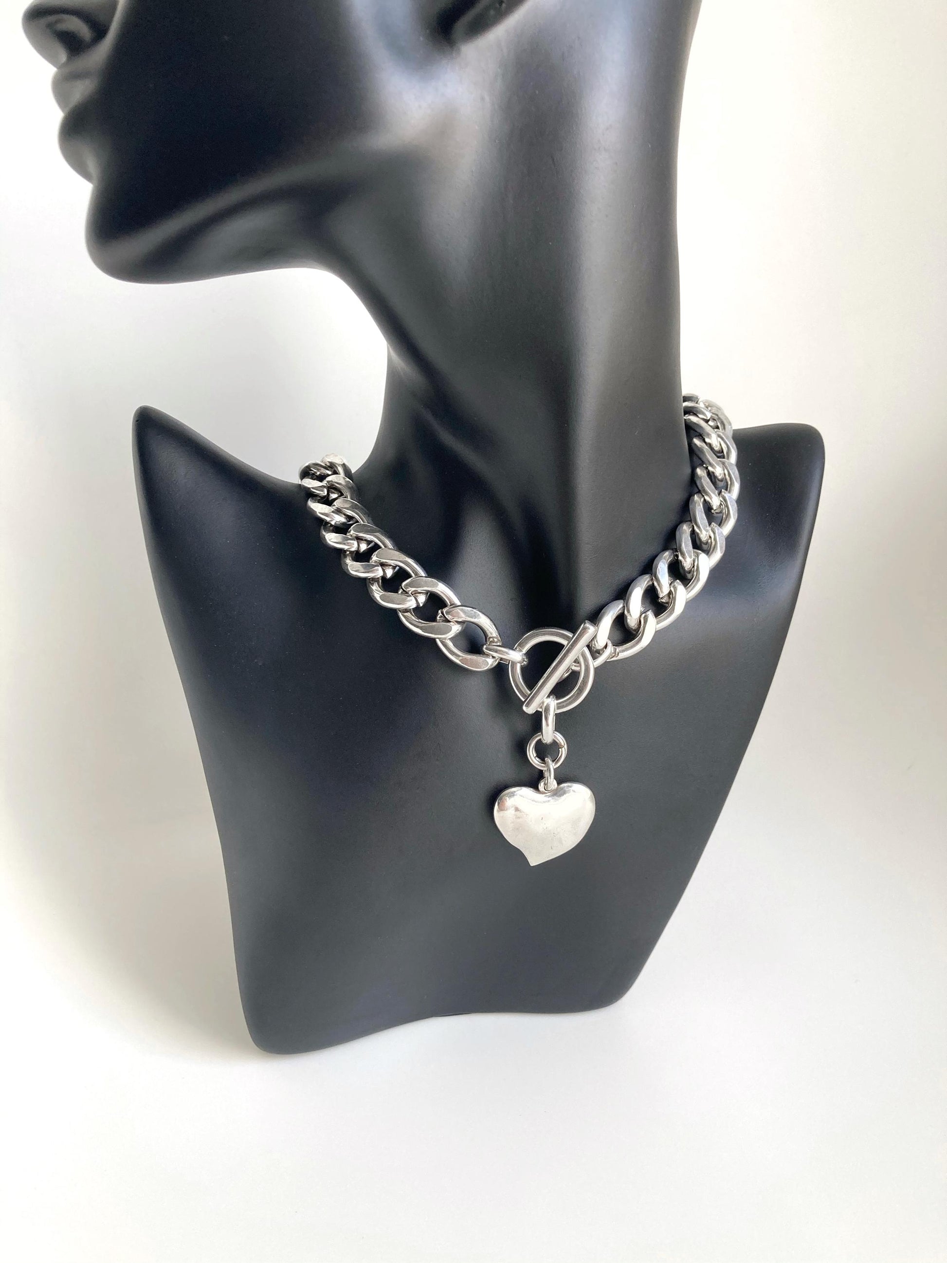 Antique Silver Chunky Curb Choker Statement Charm Heart Necklace, Bold Personalised necklace, Gift for her, Christmas gift for her