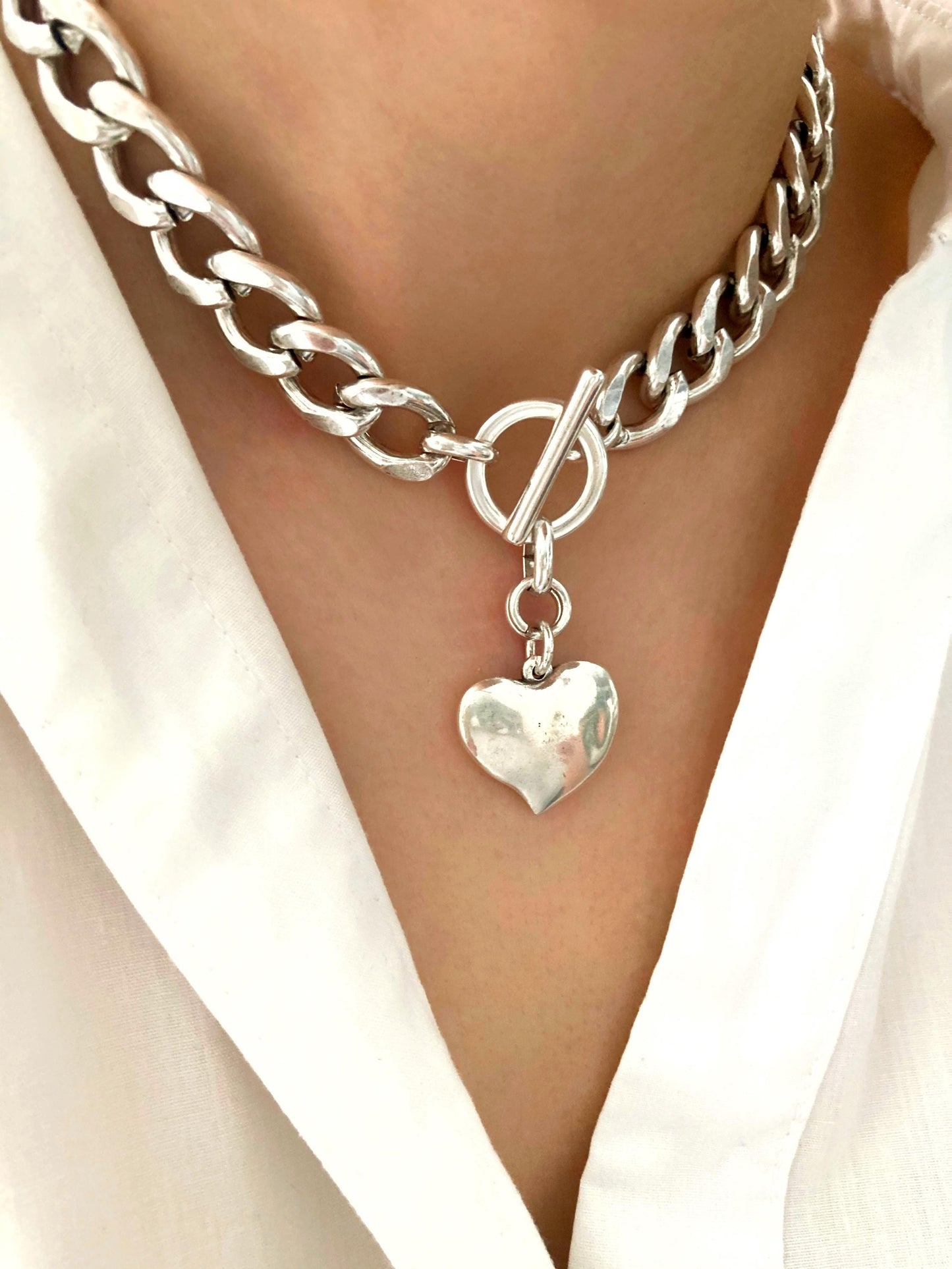 Antique Silver Chunky Curb Choker Statement Charm Heart Necklace, Bold Personalised necklace, Gift for her, Christmas gift for her