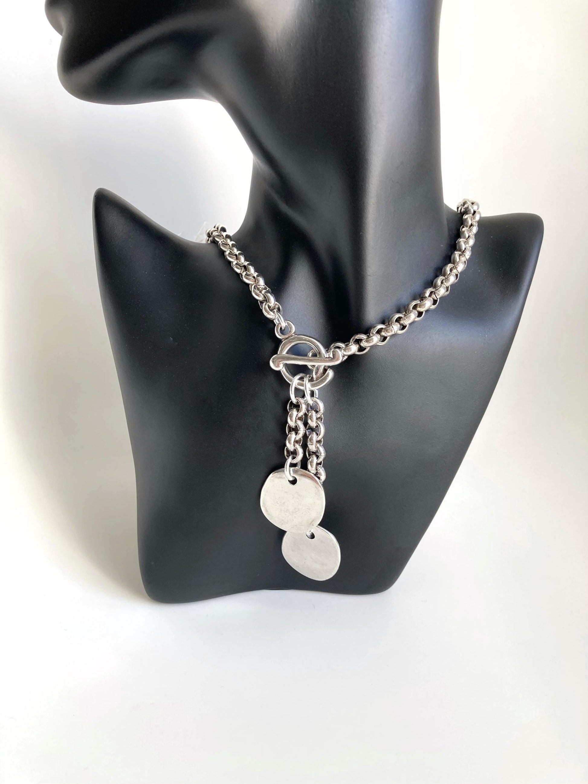 Antique Silver Chunky Bold Chain Statement Charm Necklace, Silver Toggle Coin Medal necklace , Gift for her, Christmas gift for her