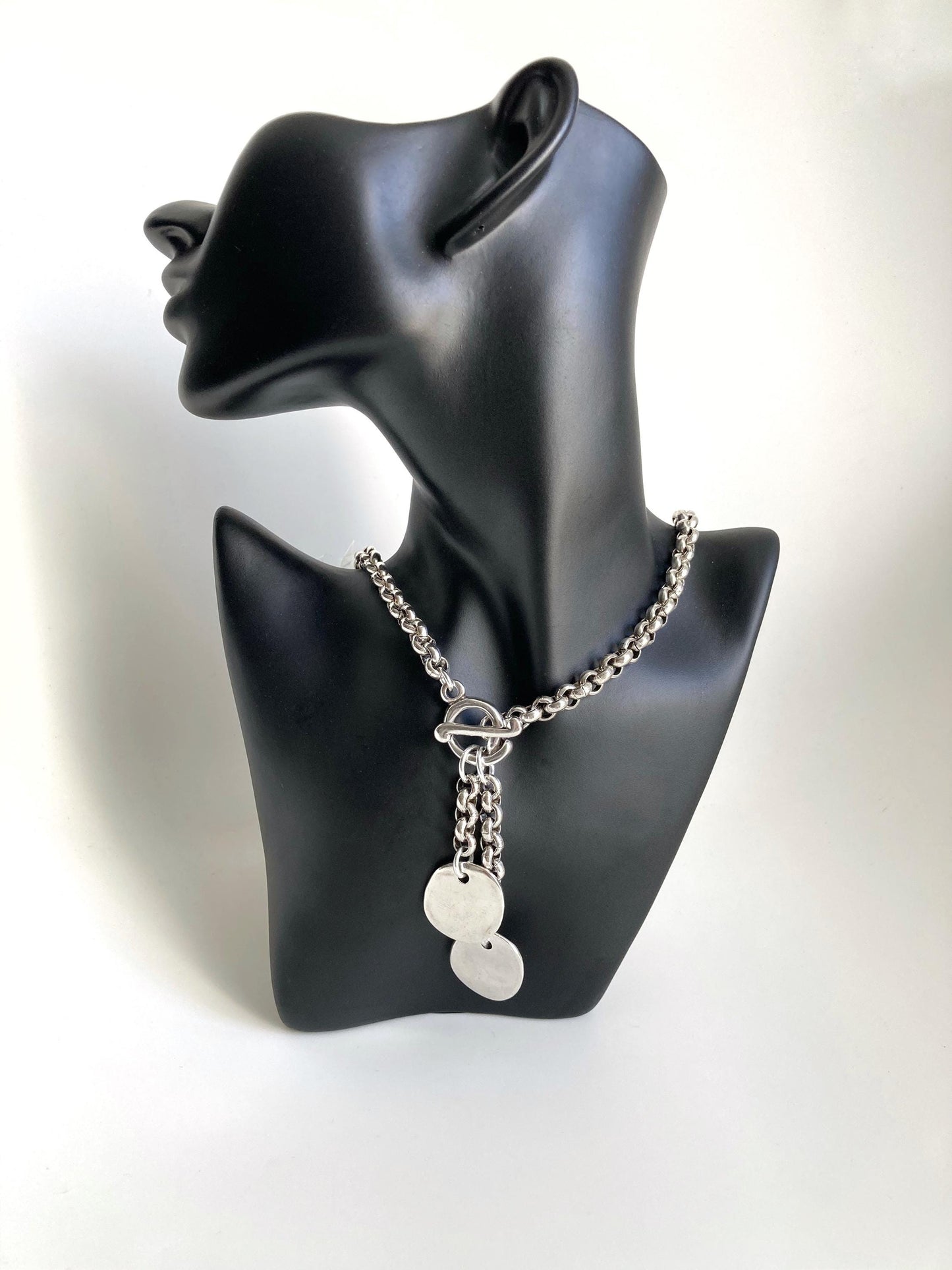 Antique Silver Chunky Bold Chain Statement Charm Necklace, Silver Toggle Coin Medal necklace , Gift for her, Christmas gift for her