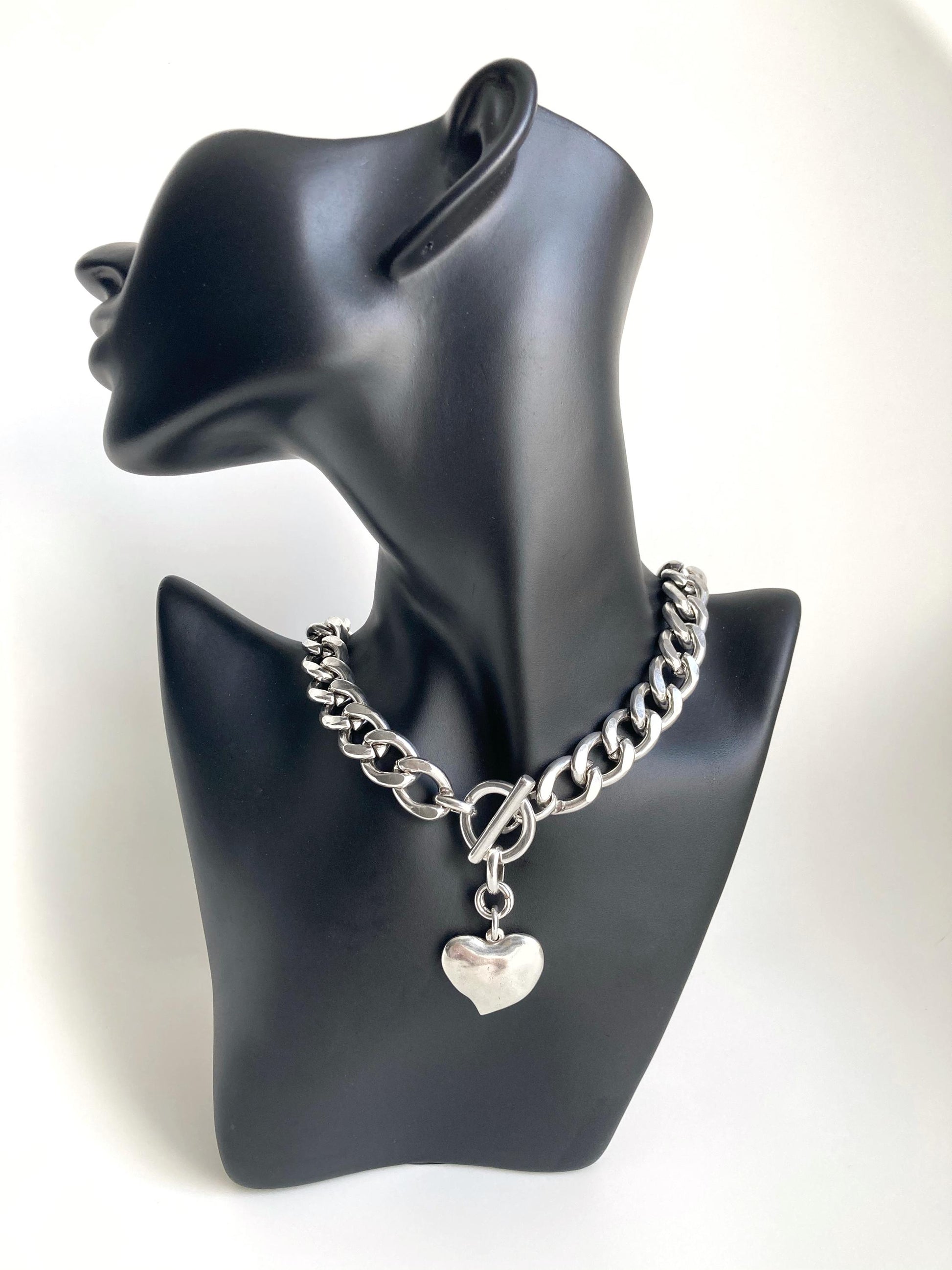 Antique Silver Chunky Curb Choker Statement Charm Heart Necklace, Bold Personalised necklace, Gift for her, Christmas gift for her