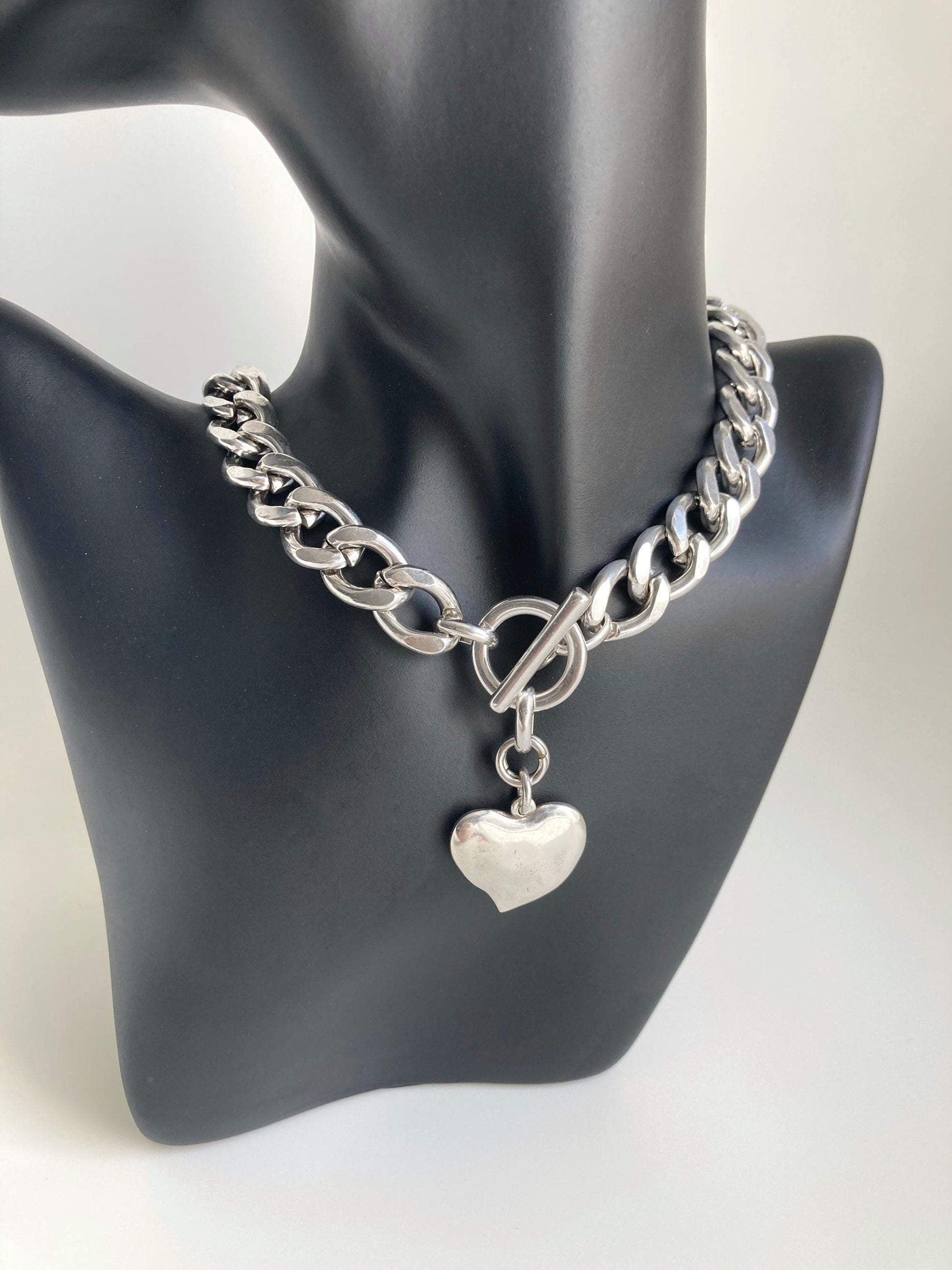 Antique Silver Chunky Curb Choker Statement Charm Heart Necklace, Bold Personalised necklace, Gift for her, Christmas gift for her