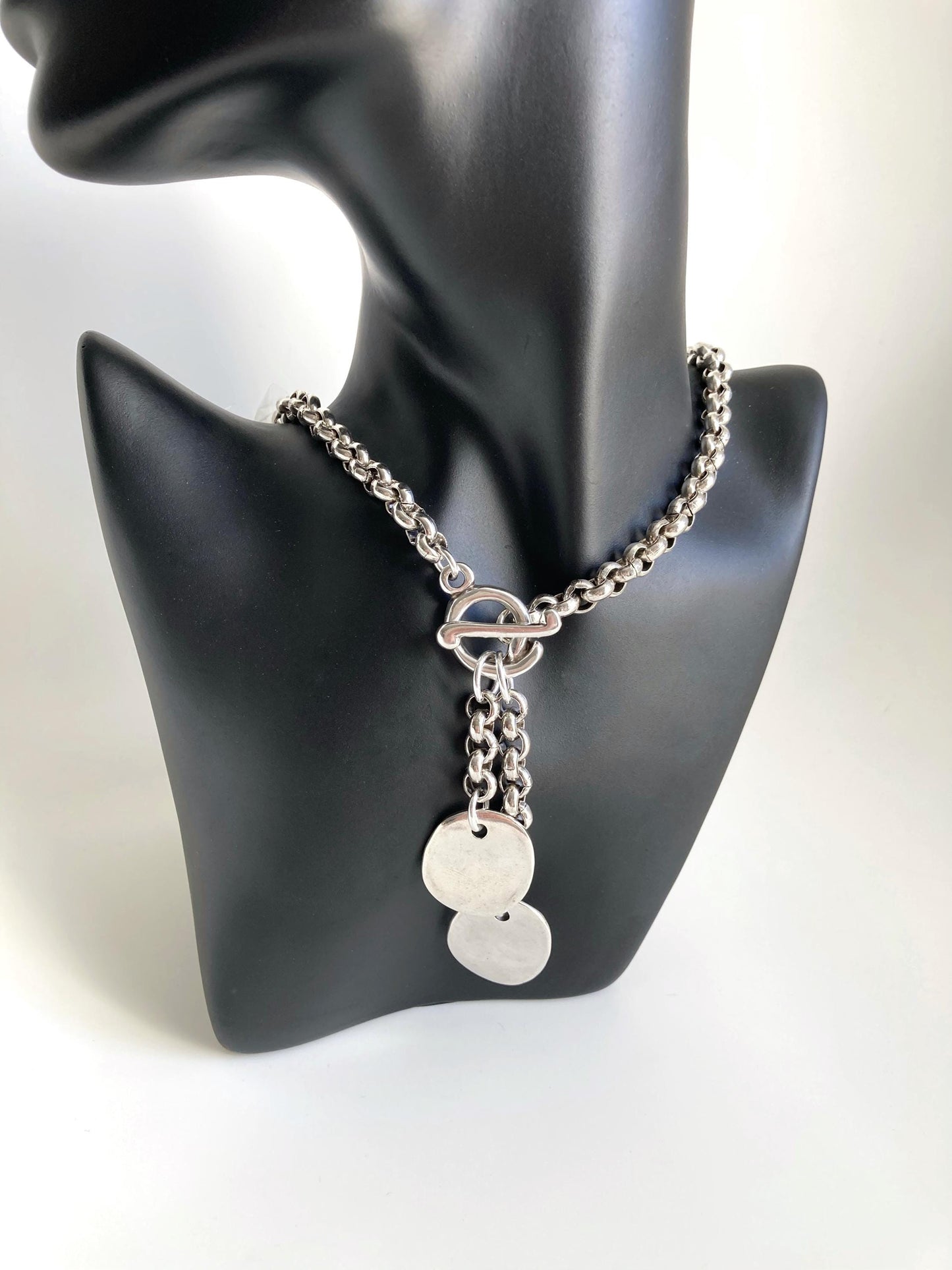 Antique Silver Chunky Bold Chain Statement Charm Necklace, Silver Toggle Coin Medal necklace , Gift for her, Christmas gift for her