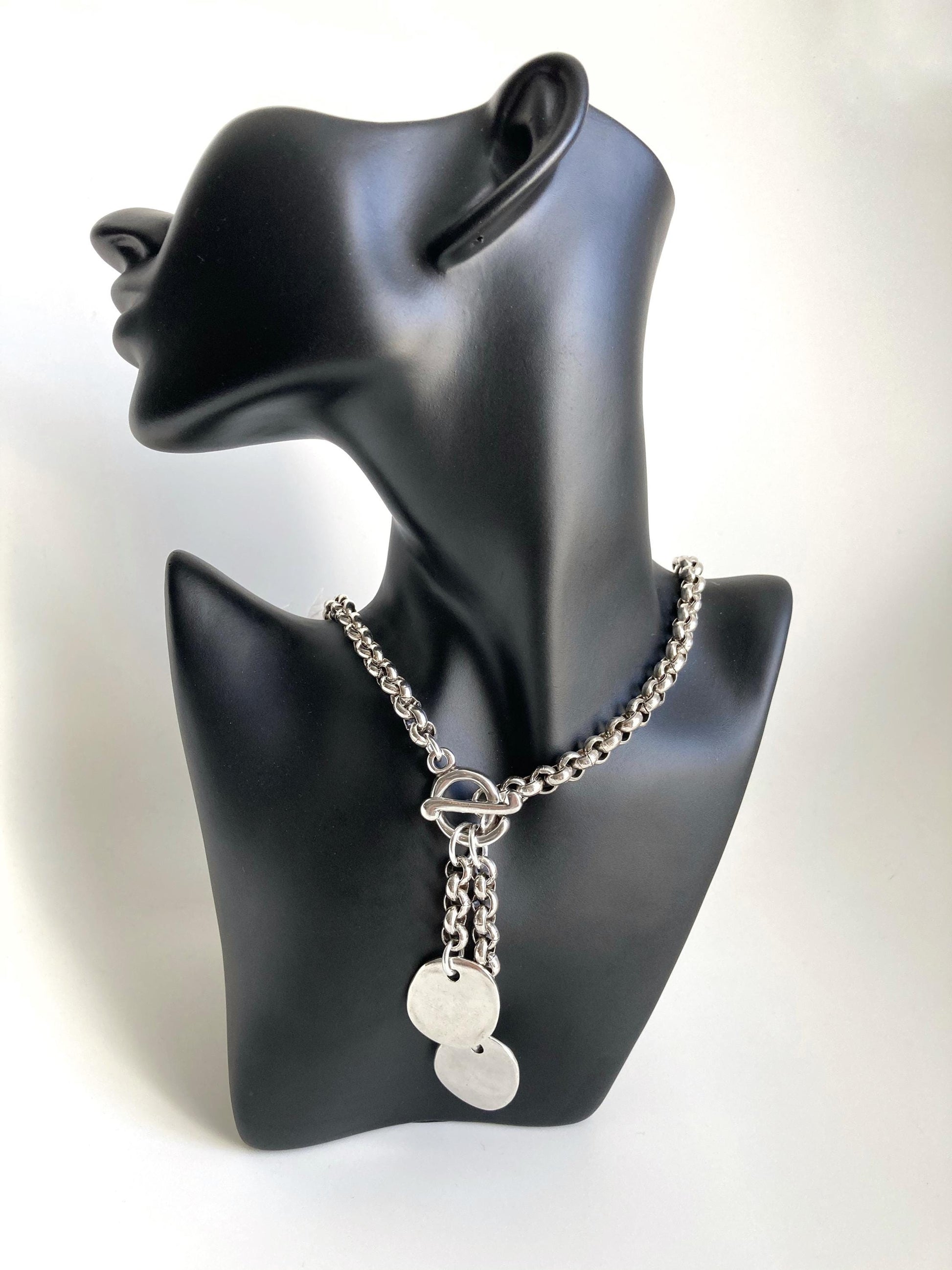 Antique Silver Chunky Bold Chain Statement Charm Necklace, Silver Toggle Coin Medal necklace , Gift for her, Christmas gift for her