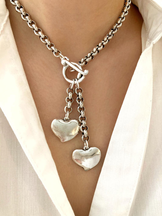 Antique Silver Chunky Bold Chain Statement Charm Heart Love Necklace, Silver Toggle necklace , Gift for her, Christmas gift for her