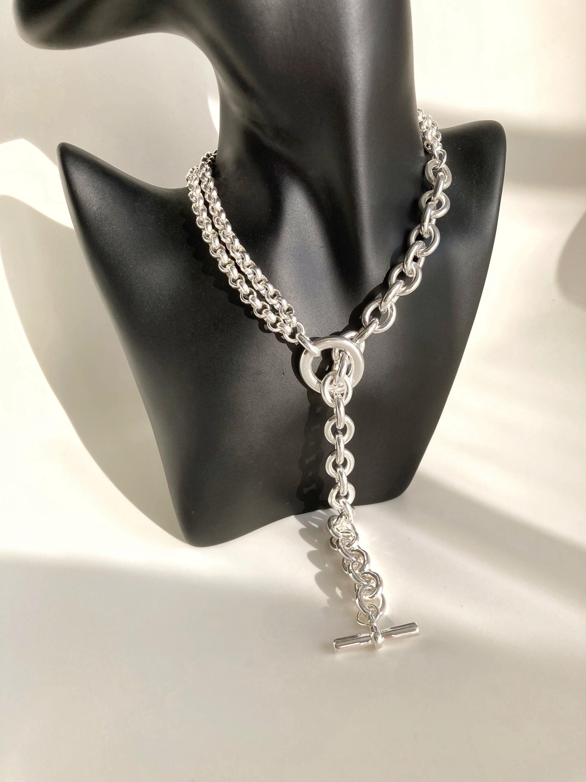 Silver Multichain Chunky Statement Lariat Necklace, Silver Toggle Link Necklace, Gift for her, Birthday gift