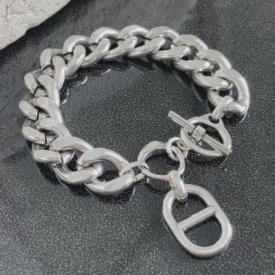 Antique Silver Heavy Charm Chain Curb Bracelet, Statement chunky bracelet, Link Bold Big Large bracelet, Gift for her