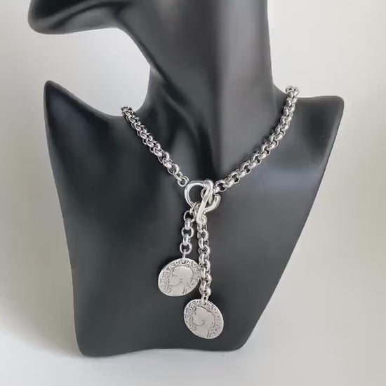 Antique Silver Chunky Bold Charm Necklace, Silver Toggle Necklace, Silver Statement necklace ,Charm Coin Medal necklace