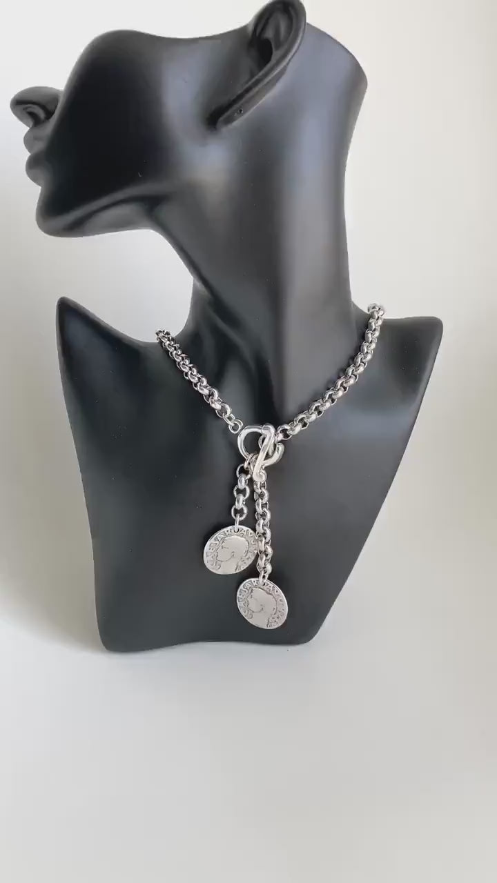 Antique Silver Chunky Bold Charm Necklace, Silver Toggle Necklace, Silver Statement necklace ,Charm Coin Medal necklace