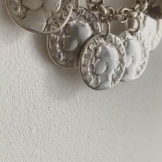 Antique Silver Chunky Personalised Charm Bracelet, Silver Coin Medal Bracelet, womens gift, Gift for wife