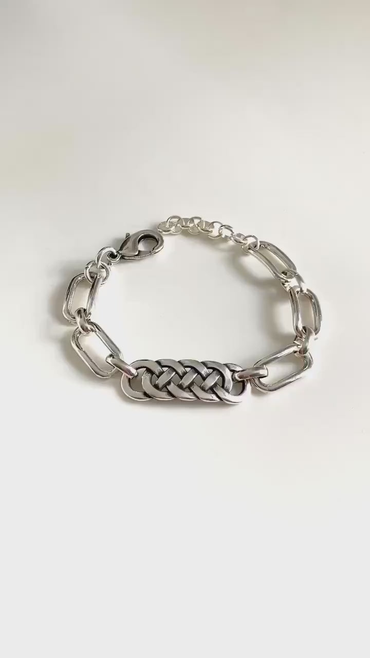 Antique Silver Chunky Lightweight Geometric Bracelet, Link Silver Bracelet, Chunky Silver Bracelet, Gift for her, Silver statement bracelet