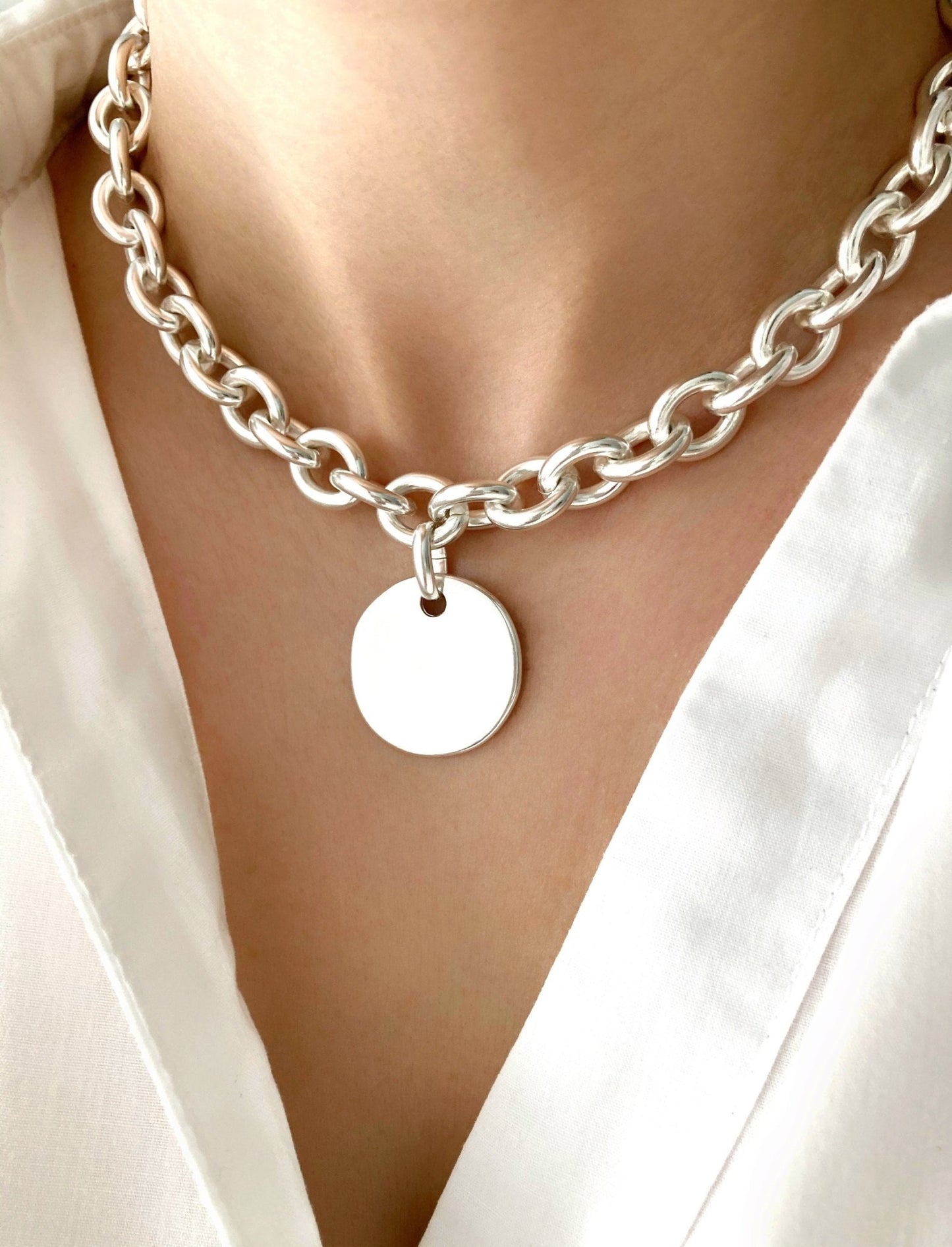 The Bogotá Necklace – Chunky Silver Medal Pendant | Heavy Statement Curb Chain Necklace, Gift for Her - Karl & kate