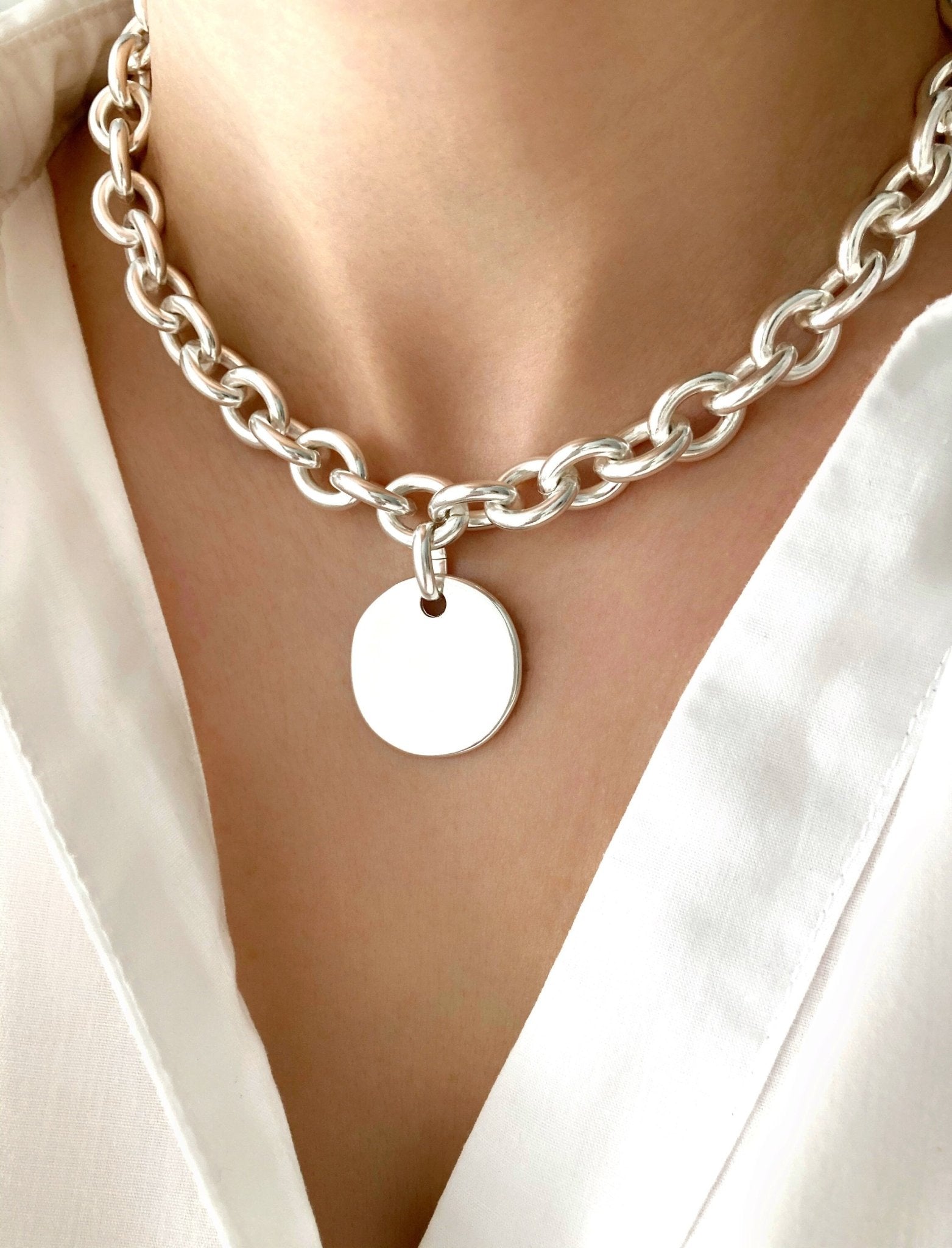 The Bogotá Necklace – Chunky Silver Medal Pendant | Heavy Statement Curb Chain Necklace, Gift for Her - Karl & kate