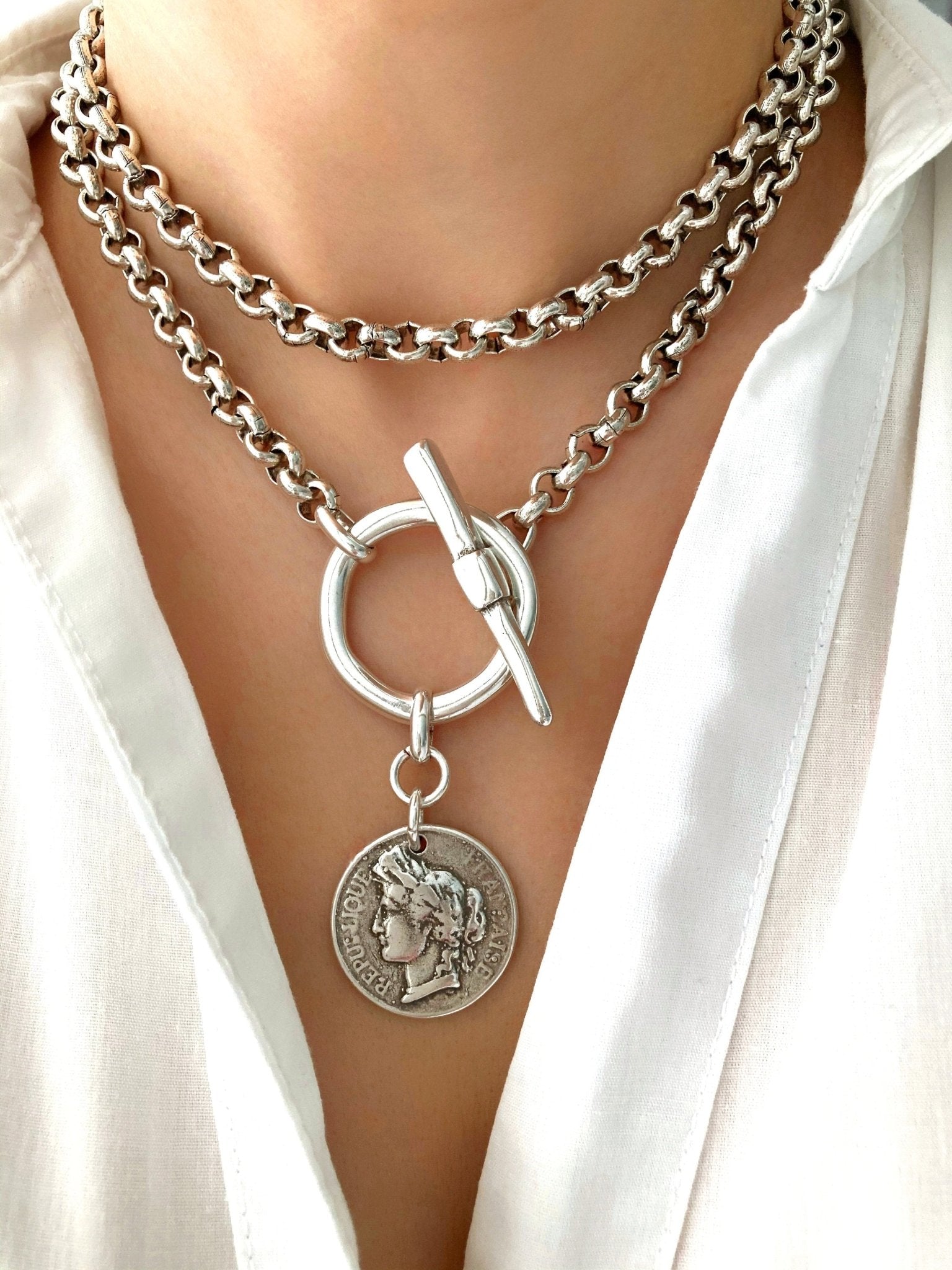 The Casablanca Necklace – Bold Antique Silver Coin Pendant | Brutalist Statement Medal Necklace, Gift for Her - Karl & kate