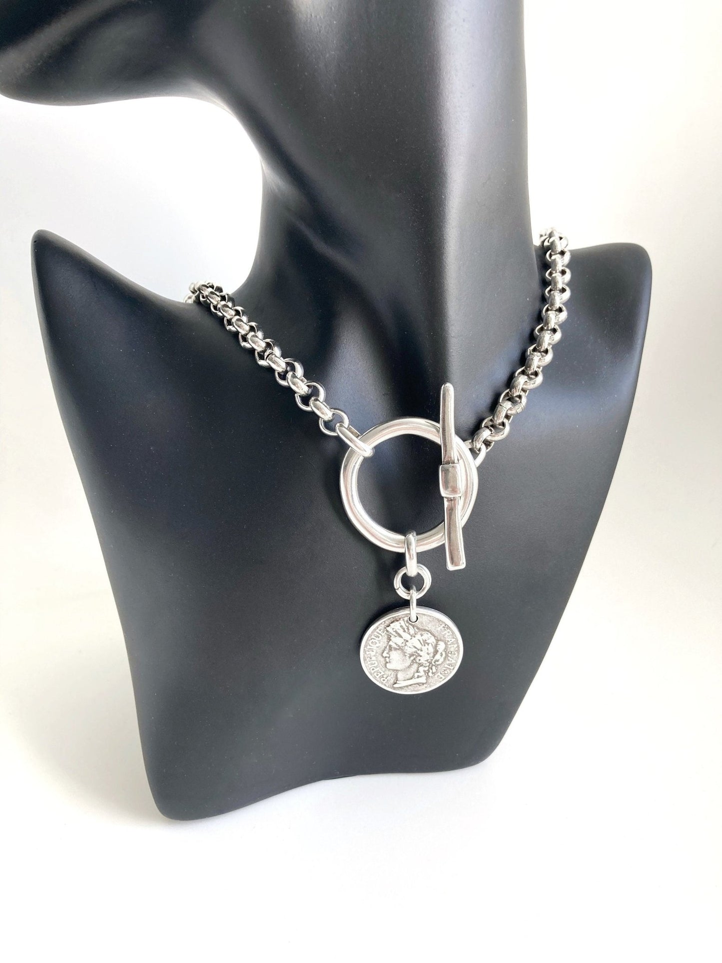 The Casablanca Necklace – Bold Antique Silver Coin Pendant | Brutalist Statement Medal Necklace, Gift for Her - Karl & kate