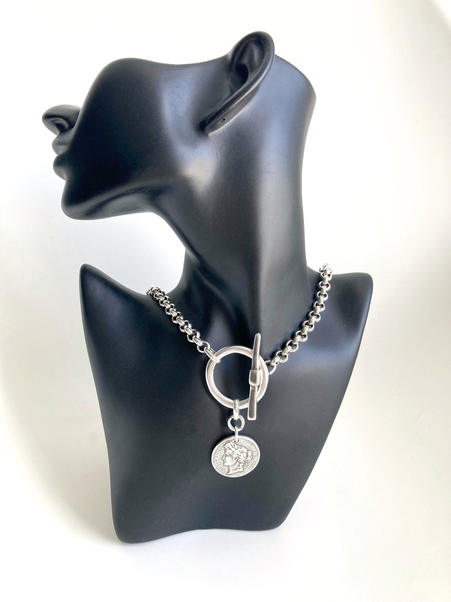 The Casablanca Necklace – Bold Antique Silver Coin Pendant | Brutalist Statement Medal Necklace, Gift for Her - Karl & kate