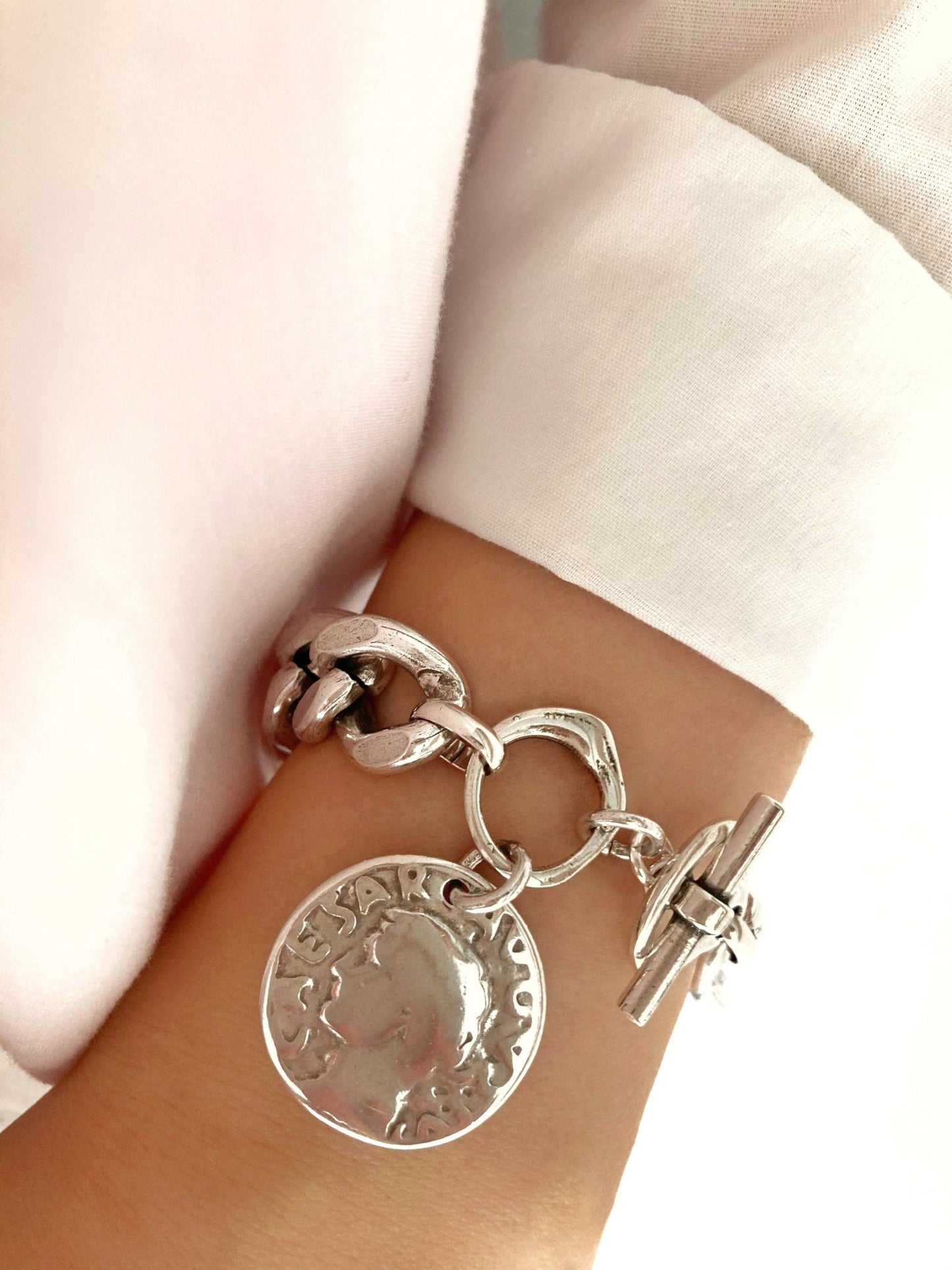The Edinburgh Bracelet – Chunky Silver Statement Bracelet | Personalized Coin Charm, Gift for Mum - Karl & kate