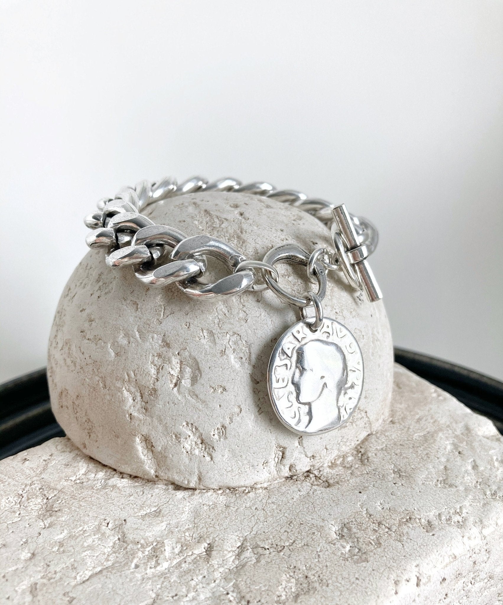 The Edinburgh Bracelet – Chunky Silver Statement Bracelet | Personalized Coin Charm, Gift for Mum - Karl & kate