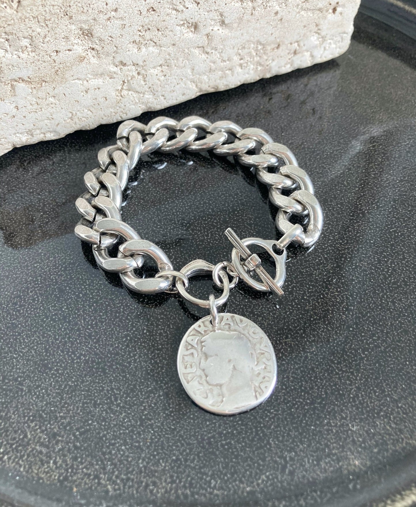 The Edinburgh Bracelet – Chunky Silver Statement Bracelet | Personalized Coin Charm, Gift for Mum - Karl & kate