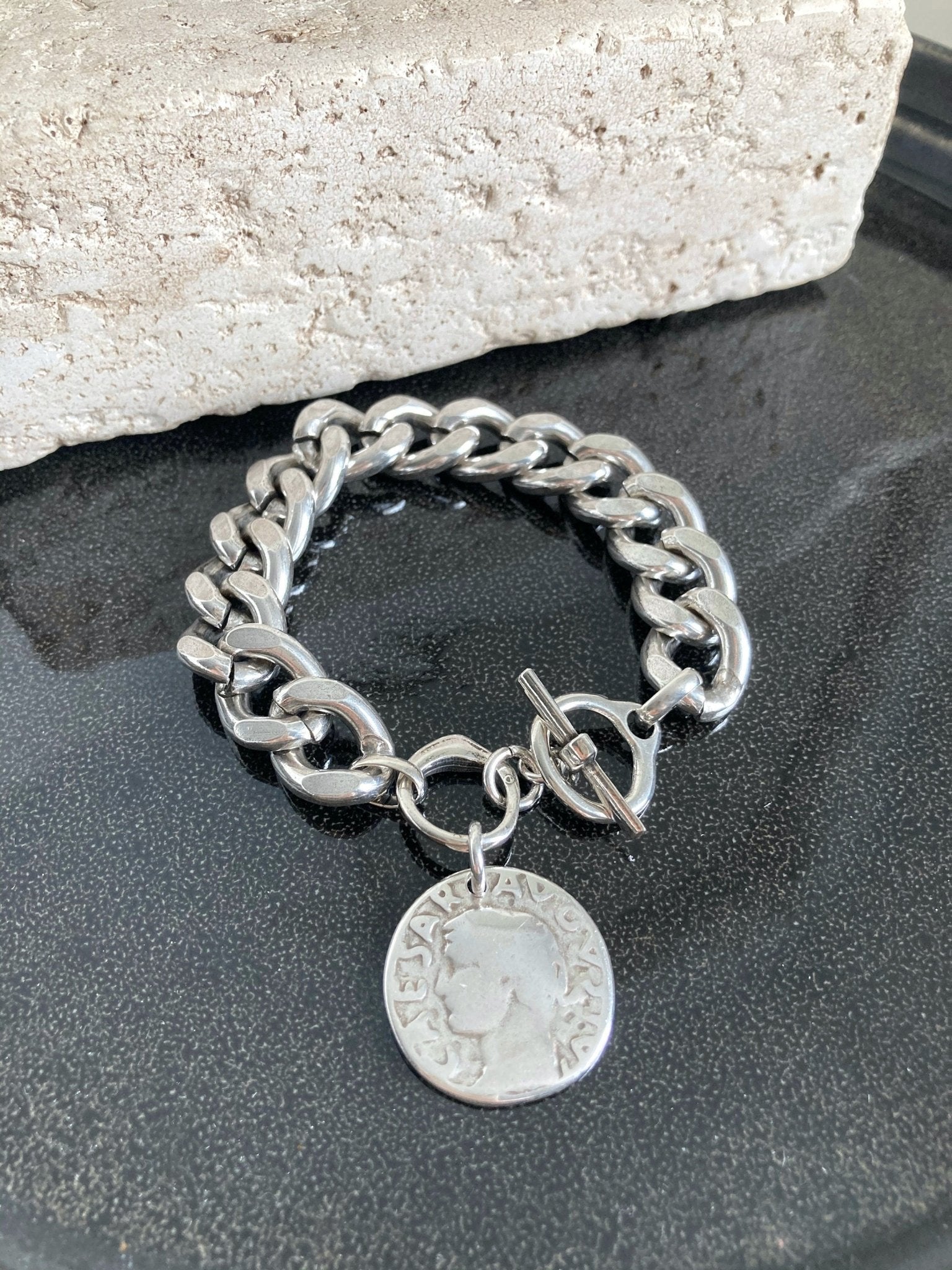 The Edinburgh Bracelet – Chunky Silver Statement Bracelet | Personalized Coin Charm, Gift for Mum - Karl & kate